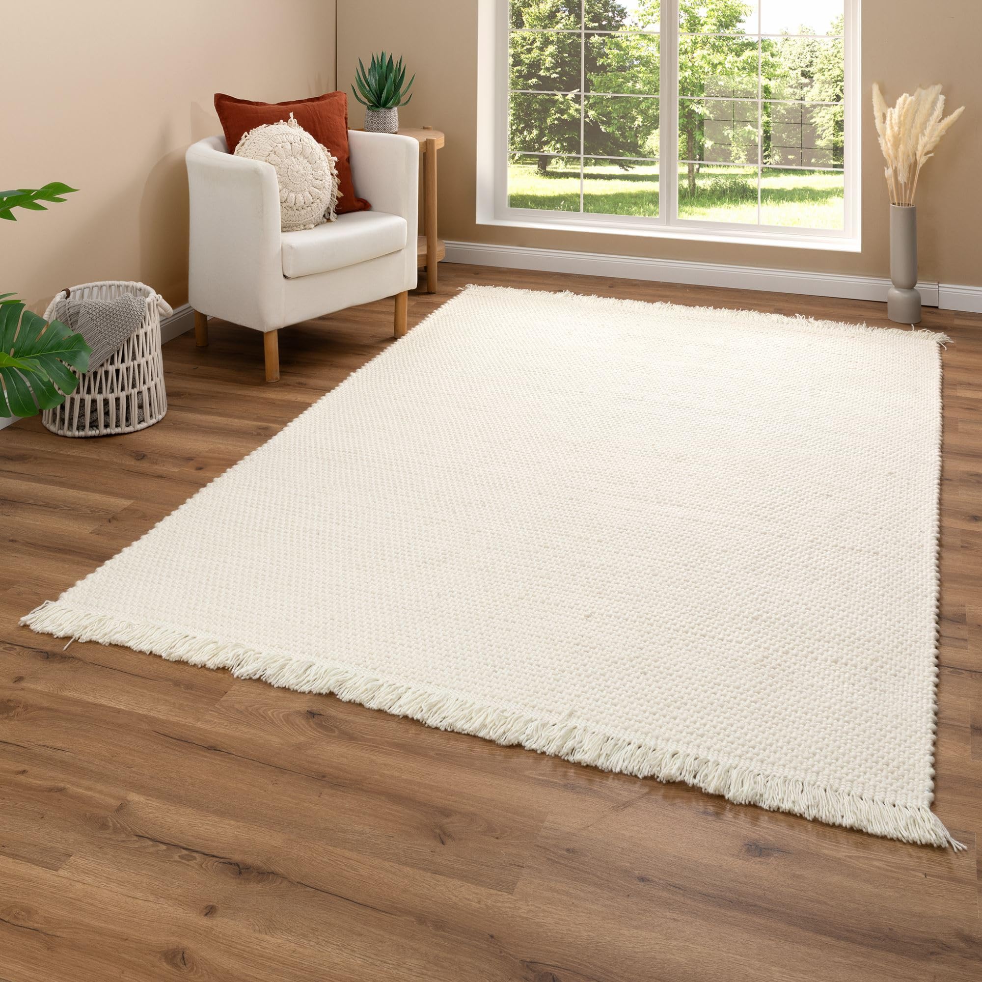 Steffensmeier Handweb Teppich Alois | 75% Neuseelandwolle Fransen | edel und langlebig | Creme, Größe: 250x350 cm
