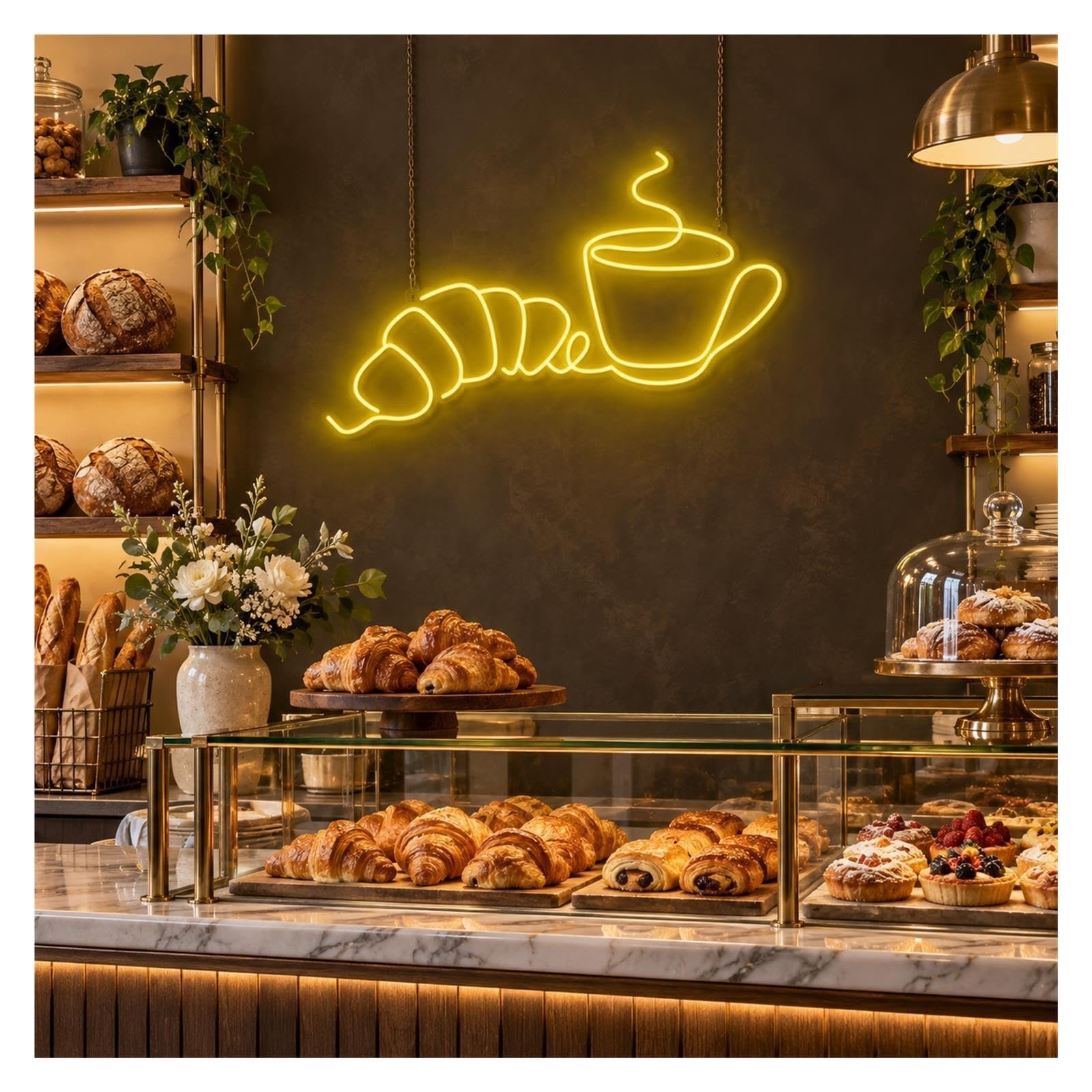 Insegna al Neon Insegna Al Neon Di Croissant Della Tazza Caffè