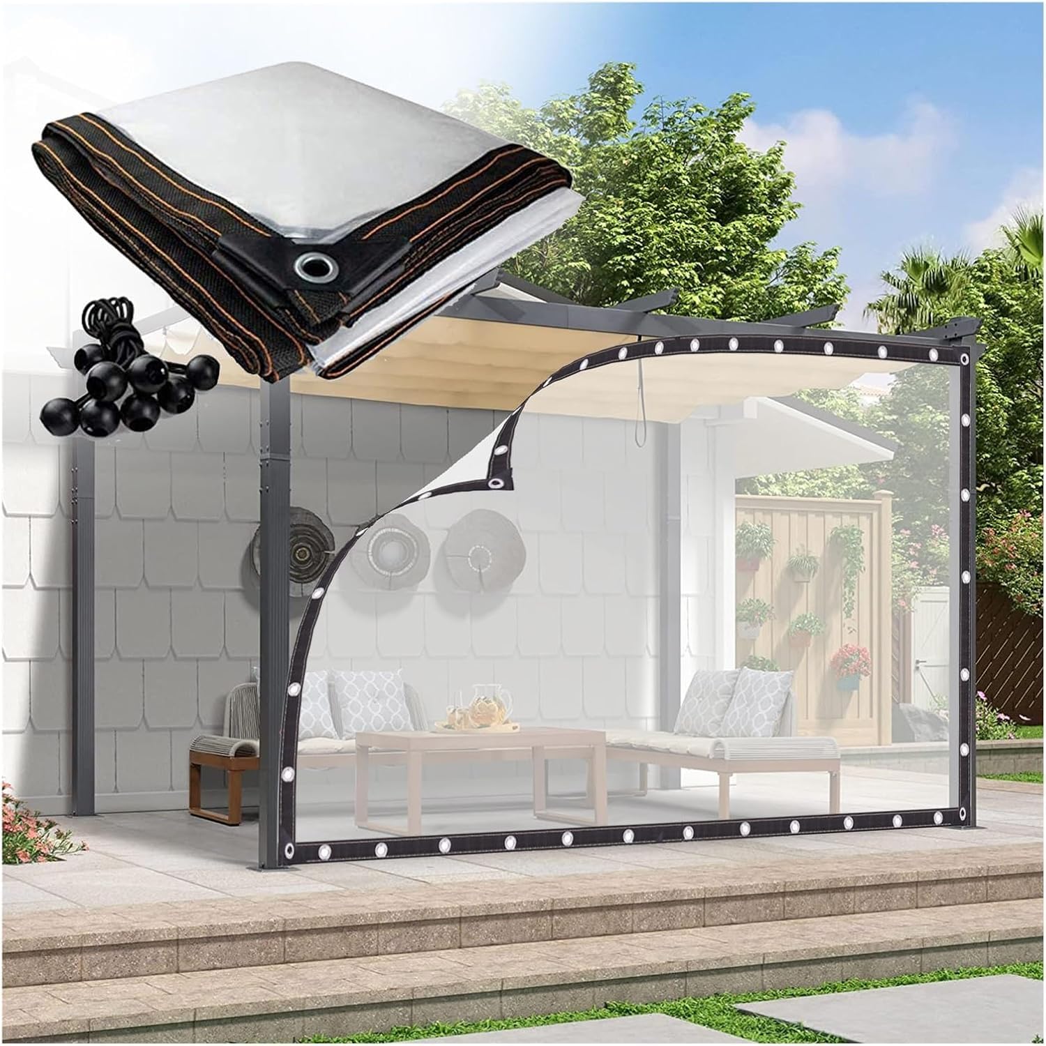 Bâche de pergola transparente 3x4m avec œillets rideau extérieur imperméable