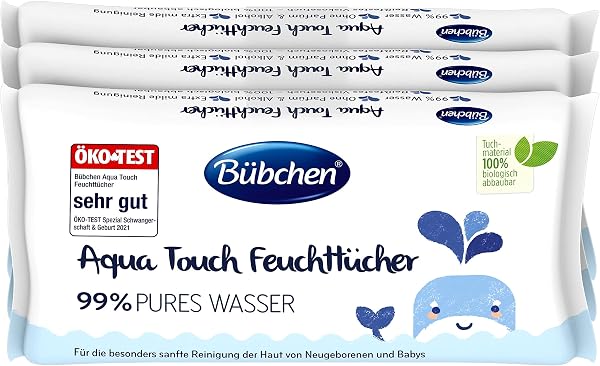Bübchen Aqua Touch Feuchttücher, 144 Stück (3 x 48) – sensitive Pflegetücher mit 99% purem Wasser, feuchte Tücher für Neugeborene und Babys - 1