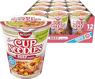Cup Noodles Soup, Beef Flavor, Microwaveable Paper Cups, Instant Ramen, 2.25 Ounce (Pack of 12)