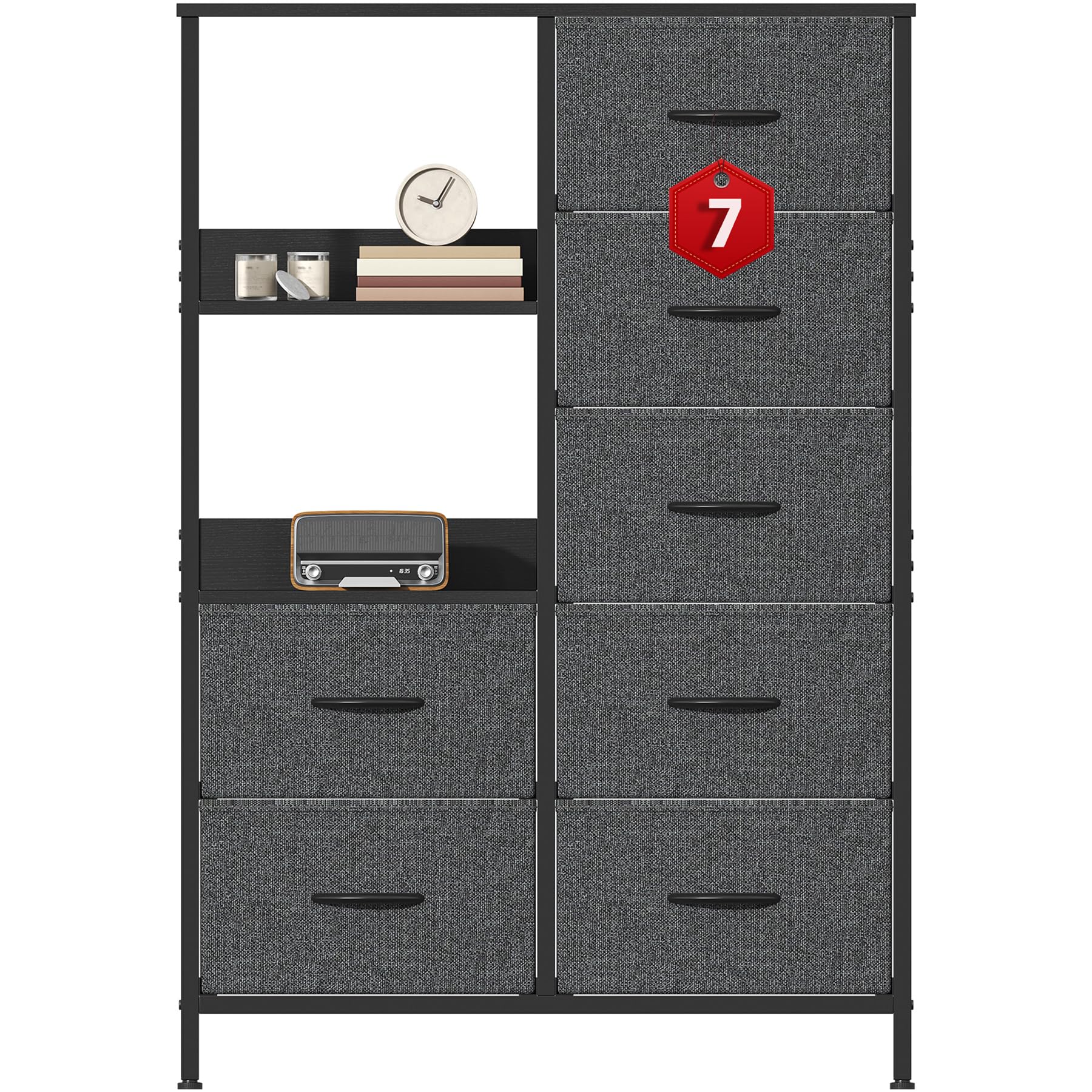 Feonase Chest of Drawers, 7 Fabric Drawers Cabinet with Open Shelves, Wood Top and Sturdy Steel Frame for Bedroom, Living Room (Deep Gray)