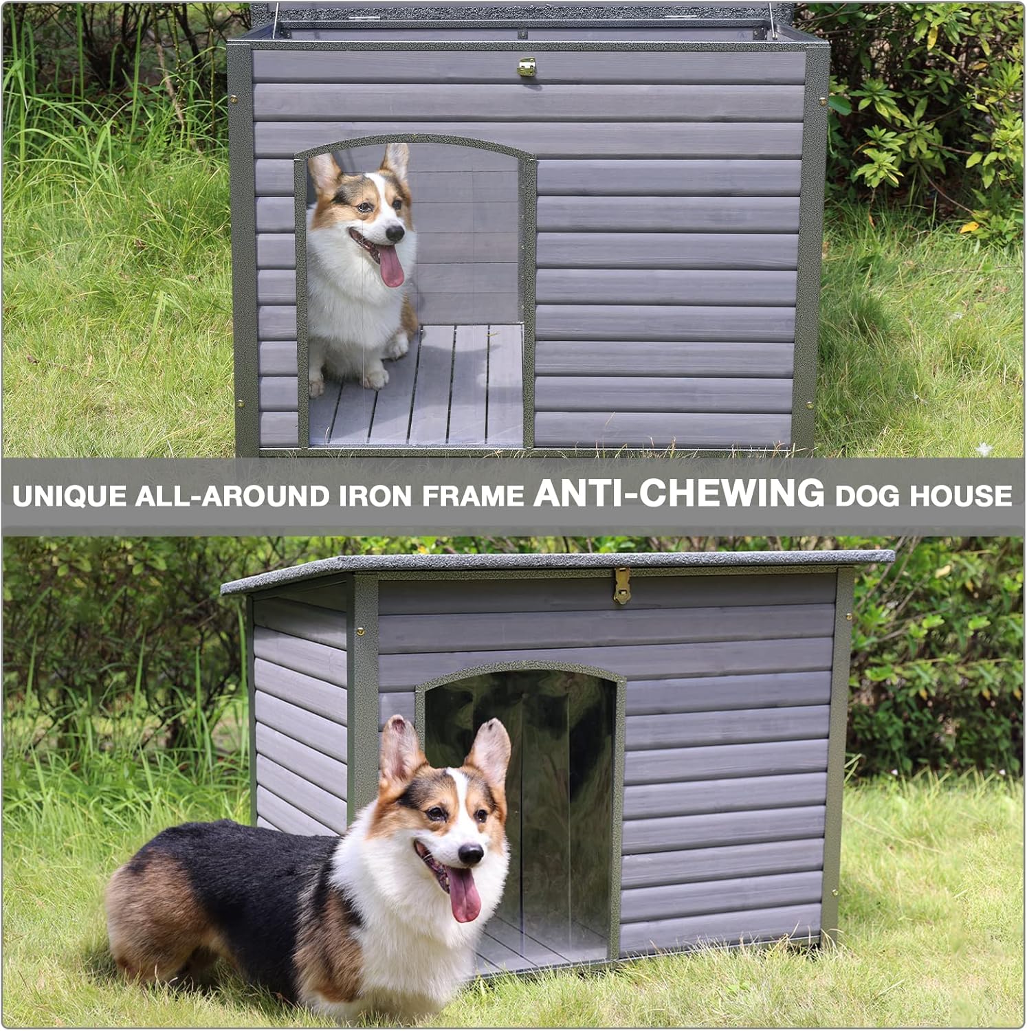 Dog House Outdoor Insulated Dog House for Small Medium Large Dogs, Natural Wood with Iron Frame, Waterproof Roof Raised Feet