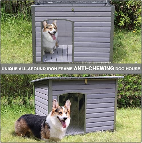 Miniatura 5 de Casa para perros con aislamiento al aire libre para perros pequeños medianos y grandes madera natural con marco de hierro patas elevadas en el techo