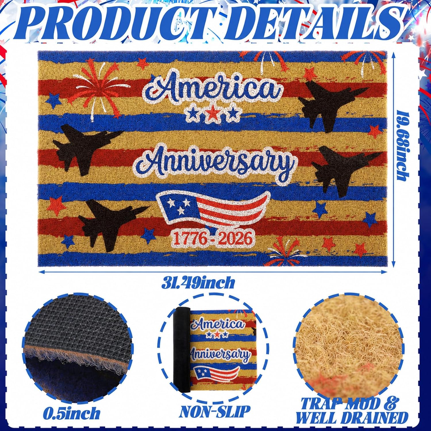 Drydiet 250th Anniversary Door Mat, 4th of July America Patriotic Door Mat Red White Blue Stripe 20x32 Inch Non-Slip Bathroom Rug Independence Day Freedom Memorial Day Porch Front Decor image 3