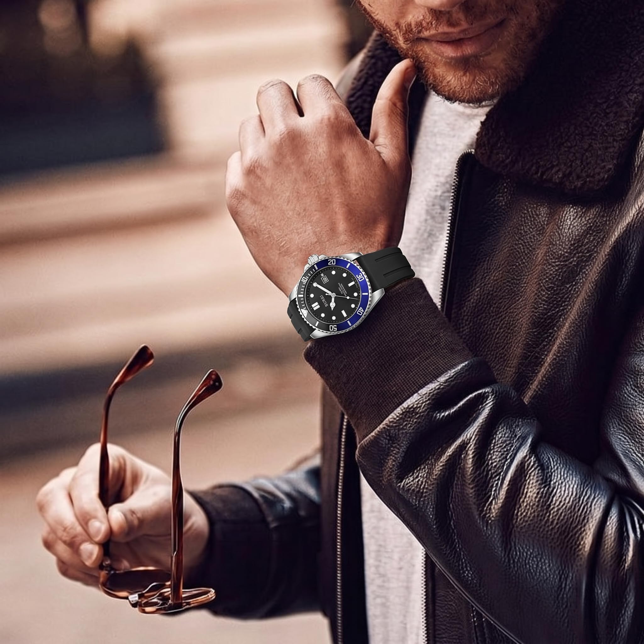 BUREI Orologio subacqueo da uomo, impermeabile fino a 200 m, analogico, al quarzo, in acciaio inox, alla moda, classico, da lavoro, da lavoro, con data automatica