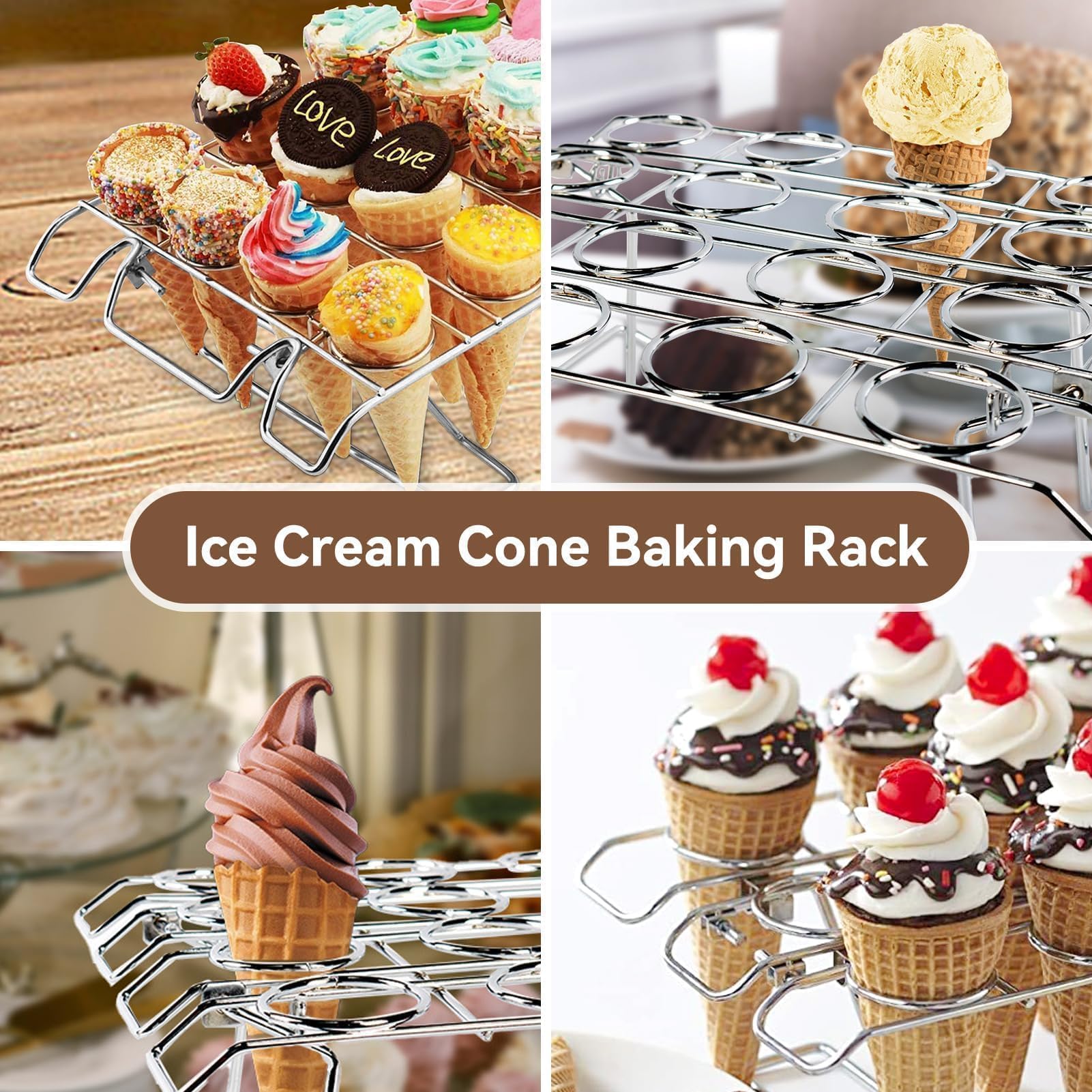 Porta Coni Gelato a 16 Fori,Supporto per Gelato,Supporto per Coni Gelato in Acciaio Inossidabile,Porta Gelato con Base,Griglia per Coni Per Cupcake in Metallo per Display Raffreddamento per Cottura