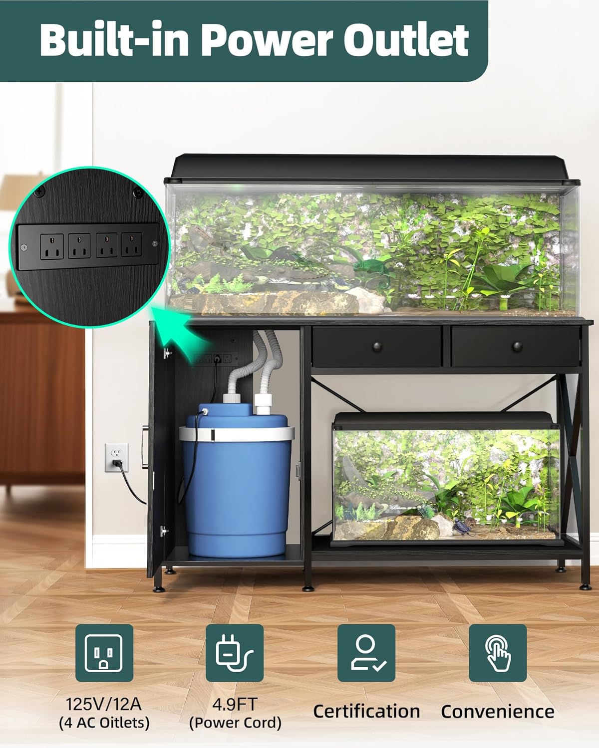 Fish Tank Stand for 55-75 Gallon Fish Tank: Aquarium Stand with Power Outlet - Metal 55 Gallon Tank Stand with Cabinet Drawer Storage for Turtle Tank, Reptile Terrarium (Black 1200LBS Capacity)