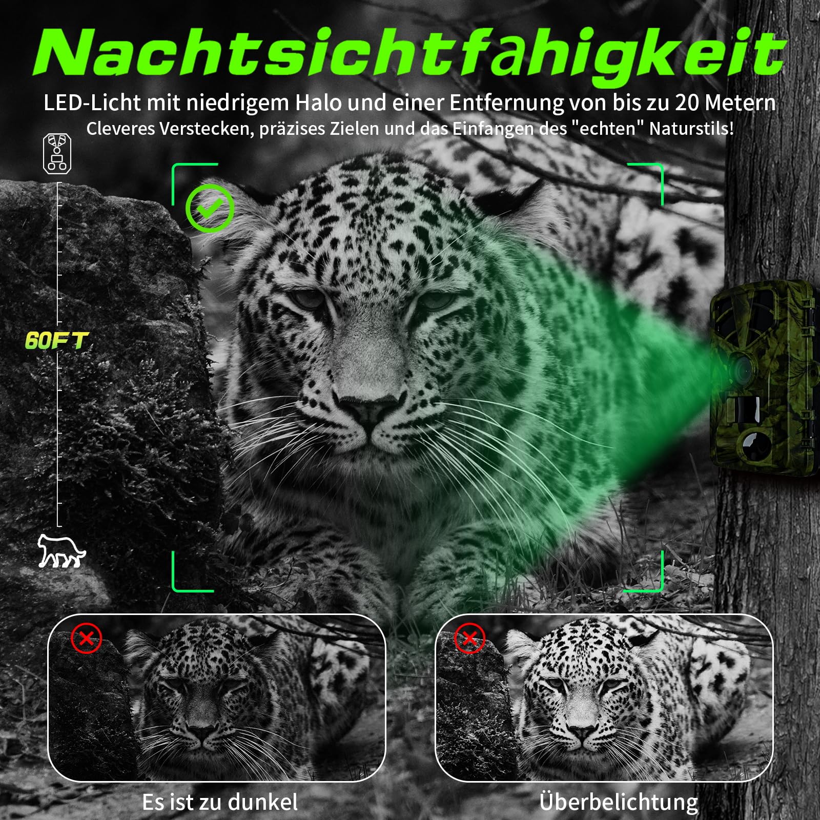 Wildkamera WLAN, 1296P 60MP Wildkamera mit Handyübertragung App, Wildtierkamera mit Nachtsicht Bewegungsmelder, 0,1s Auslösezeit, IP66 Wasserdichter für die Überwachung von Wildtieren