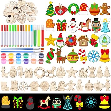 24 Pcs Christmas Ornament DIY Wooden Magnets to Paint, Xmas Holiday Glow in The Dark Wood Painting Crafts, Santa Claus Fridge Magnets Craft Kits for Home Adults Family Party Activities
