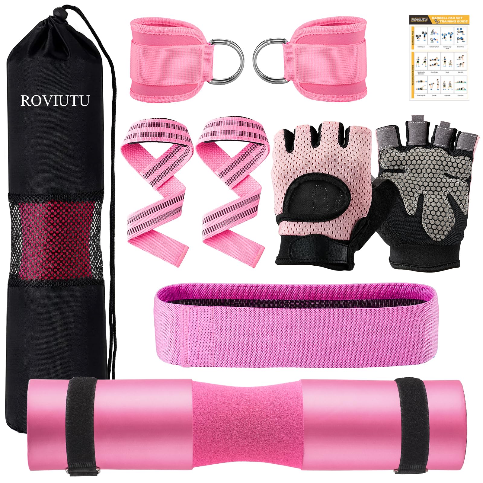 Roviutu Barbell Pad Set,10 Pcs Barbell Pads for Hip Thrust Squat & Lunges Support,with 2 Workout Ankle Straps, 2 Gym Straps Weight Lifting, 2 Gym