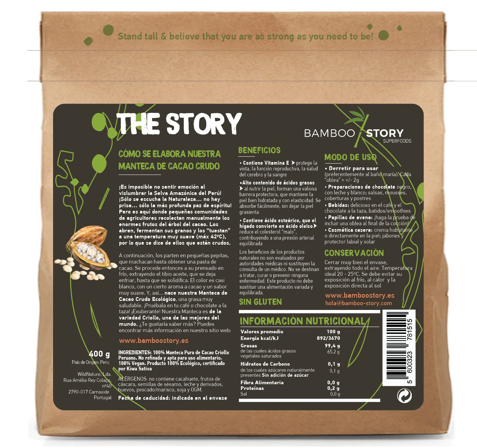 BIO | Manteca Cacao | BAMBOO STORY | 100% Perú | Prensada Frío | Criollo | 400g