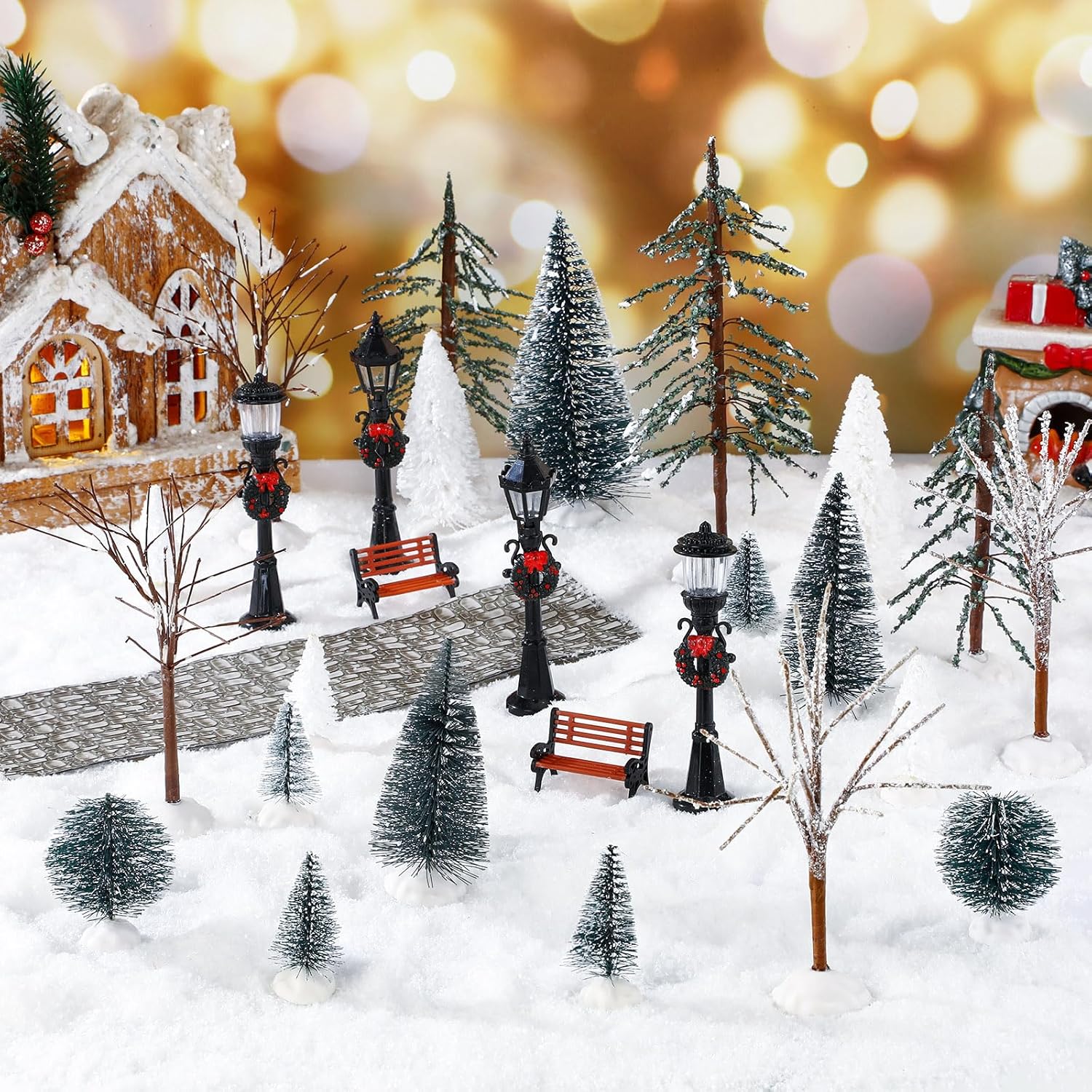 Hotop 28 Pcs Mini Artificial Christmas Village Tree Set Snow Christmas Pine Bare Branch Trees Xmas Street Lamp Post Miniature Park Bench Seat Cobblestone Street for Decoration(Vivid) - Image 3