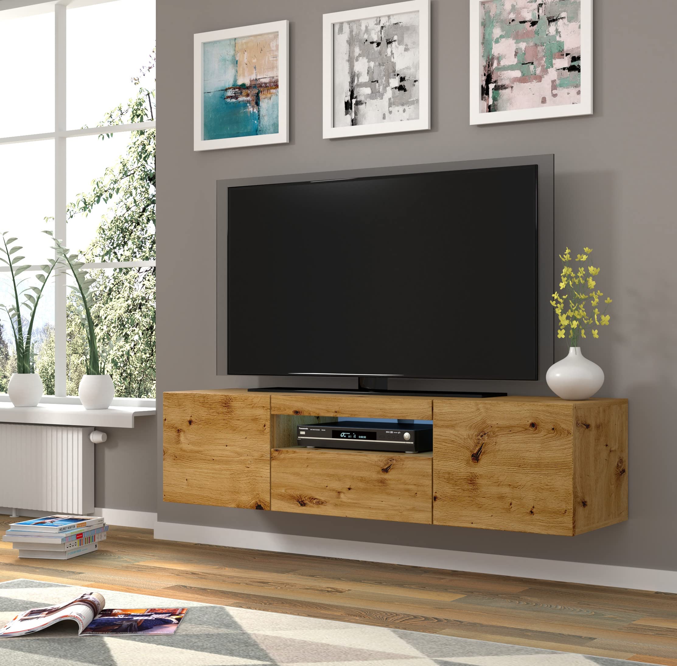 BIM Furniture Lowboard TV 150 cm - Universell Sideboard mit Laminierten Fronten und LED, Hängend oder stehend - Fernsehschrank HiFi Schrank fürs Wohnzimmer Artisan Eiche