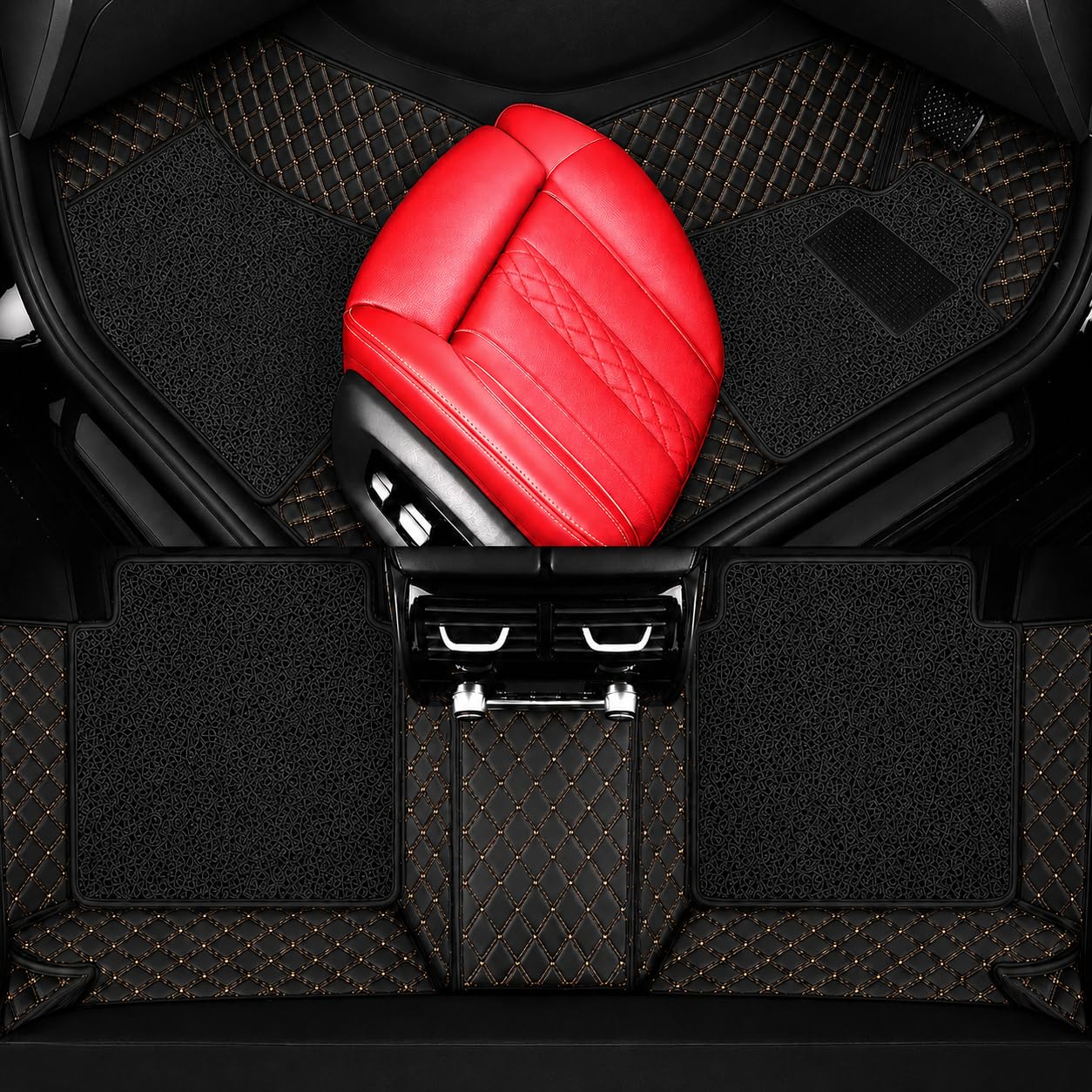 AutoClow Premium 7D Car Mat Full Set for Tata Nexon EV (Model : 2020-2026) || Luxury Leather Dual-Stitch Full Set 7D Car Floor Mat || 100% Waterproof || Color : Black-Golden (Design-1)