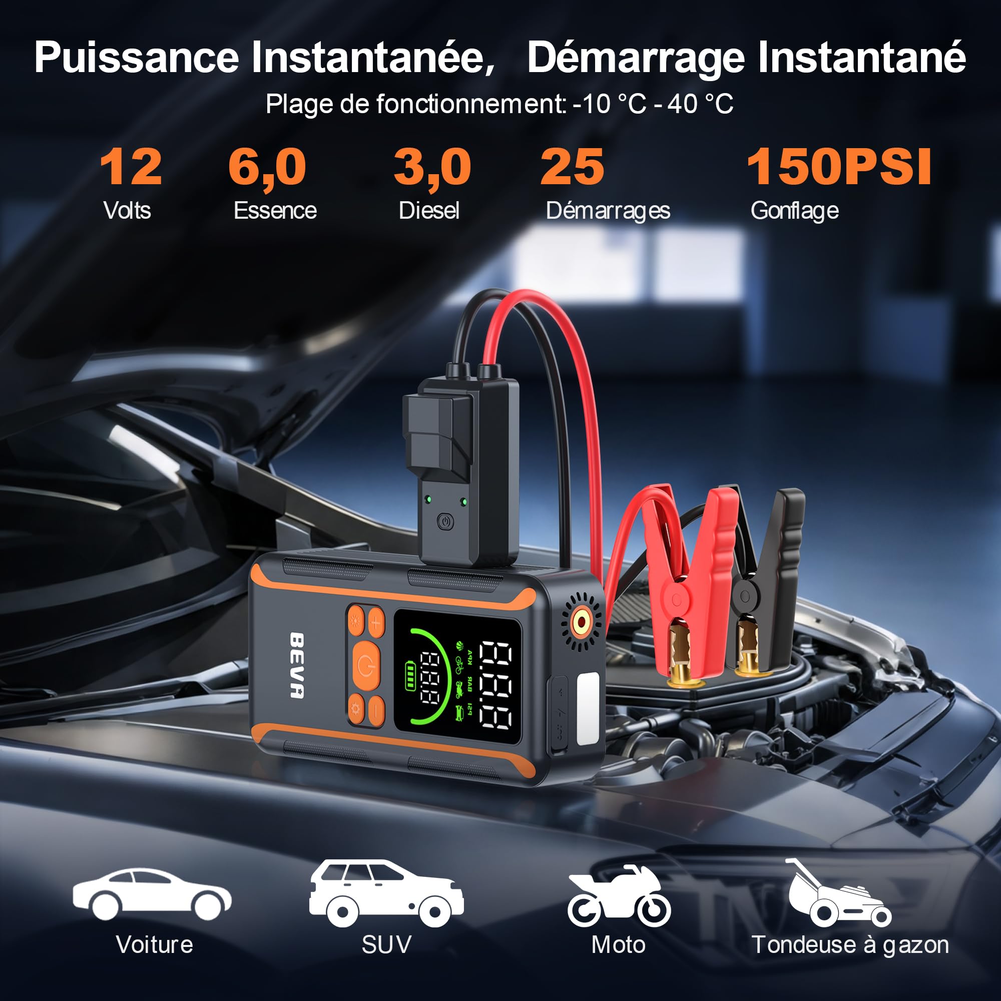 BEVA Booster Batterie Voiture 12V Portable (Ljusqu'à 6L Essence/3L Diesel)