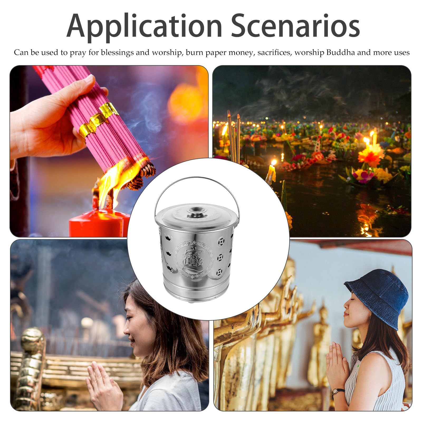 Incinerador de Acero Inoxidable para Quemar Papel Ritual Cubo Portátil con Asas Grandes Resistente y Duradero para Exteriores Jardines y Templos Modelo Pequeño sin Interior