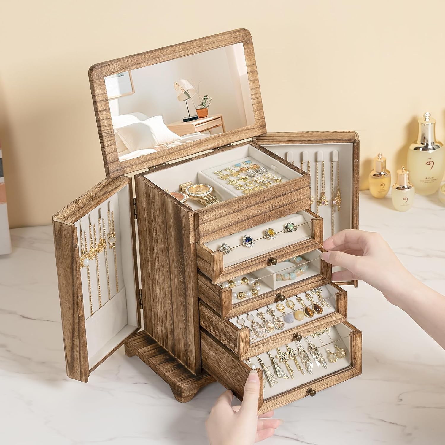 Large Jewelry Box & Organizer for Women, Wooden Jewelry Storage with 4 Transparent Drawers, Holds Necklaces, Rings, Bracelets, Earrings and Watches(Brown)