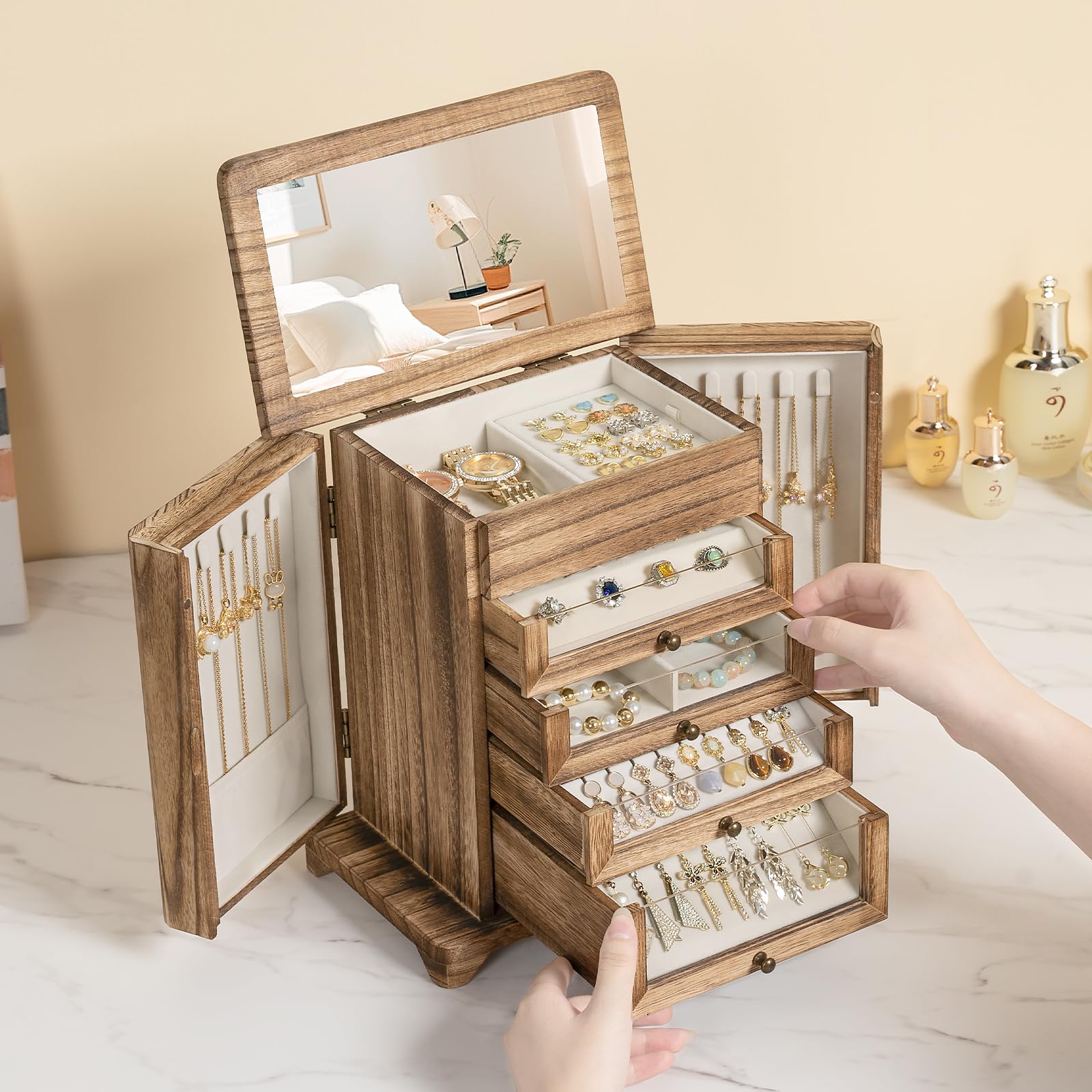 Große Schmuckschatulle und Organizer für Damen,für Halsketten Ohrringe Armbänder Ringe, 4 Ebenen Schmuck Organizer Schmuckbox mit Schubladen und Spiegel (Braun)