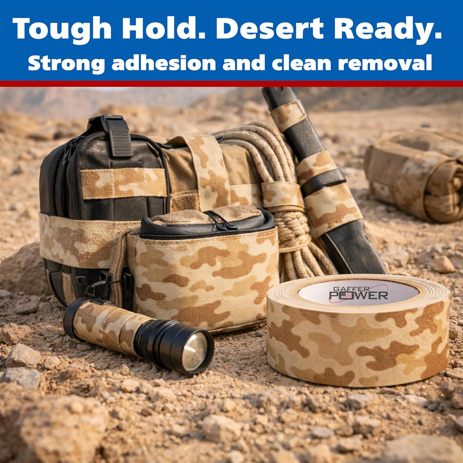 Gaffer Power Desert Tan Camo Gaffer Tape – Professional Grade, Made in USA, Non-Reflective Matte Cloth Tape, Heavy Duty, Easy Tear, Residue-Free – 2 Inch x 25 Yards