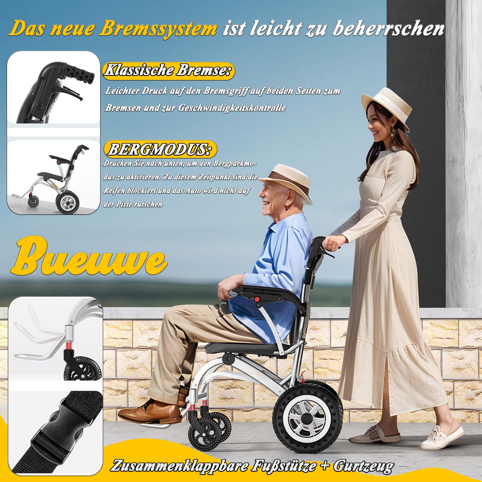 Klappbarer Transportstuhl leicht 9,8 KG - Tragbarer Rollstuhl für Reisen und Pflege mit ergonomischem W-Sitz, Aluminium-Rahmen, 130 KG Tragkraft, Doppelstoßdämpfer und 360°-Rollen