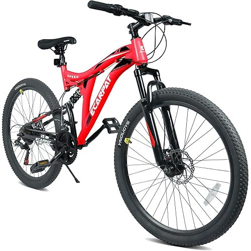 26 Inch Mountain Bike with 21-Speeds & Full Suspension Steel Frame, Alloy Rims, Disc Brakes for All Terrains, Men & Women, Multiple Colors