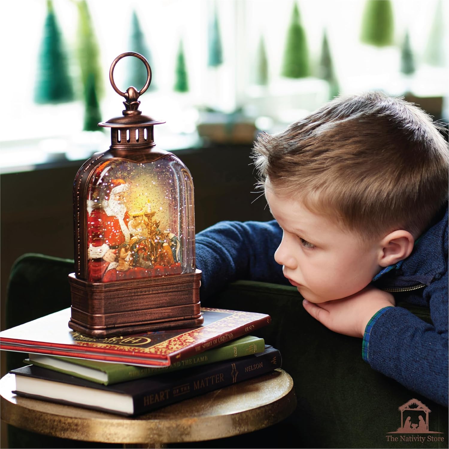 “The Spirit of Christmas” by Greg Olsen – 10" Light-Up Nativity Lantern Featuring Santa & Nativity Scene – Swirling Glitter, LED Lights, and Music – Holiday Decoration or Gift
