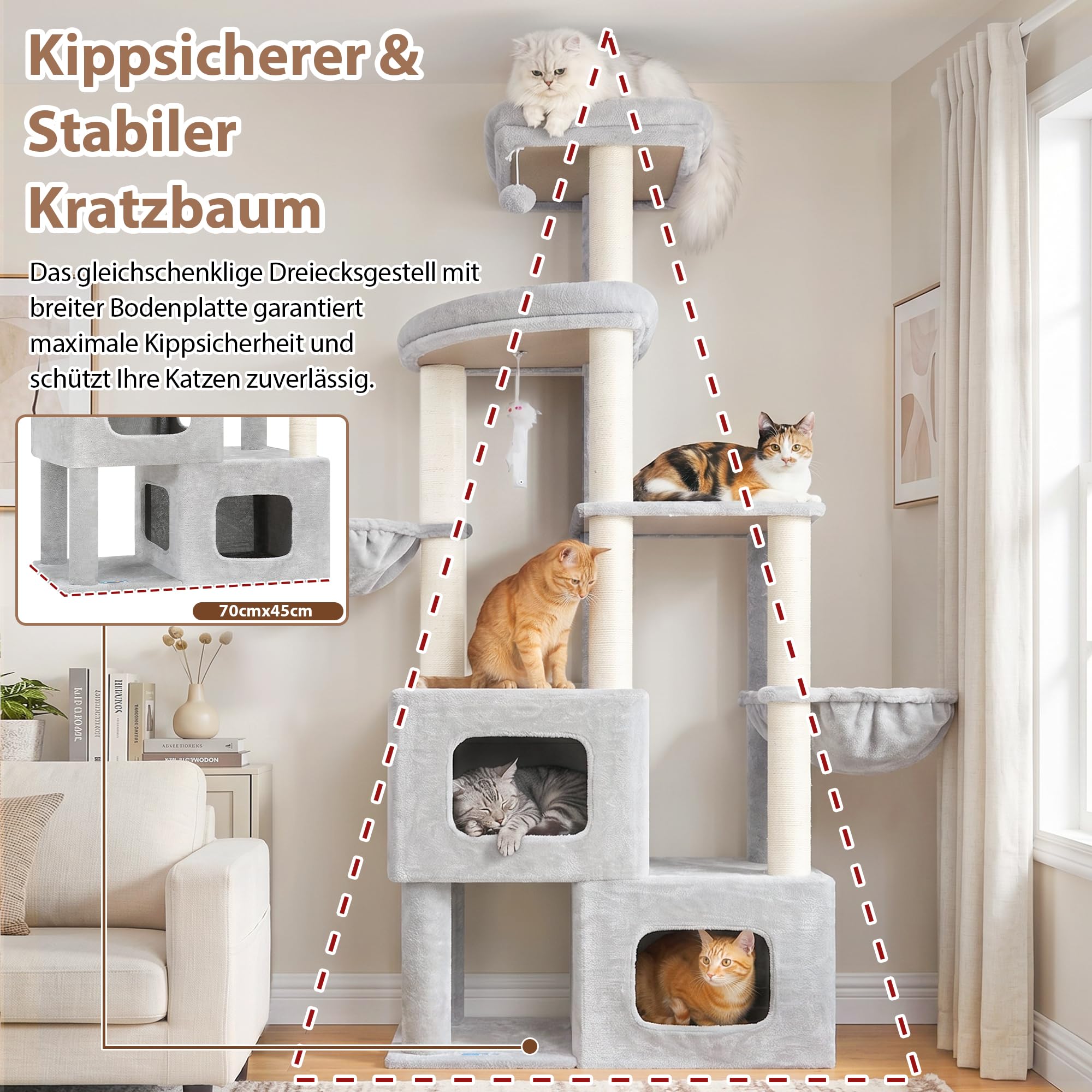 Gitelsnour Kratzbaum stabil, 181 cm hoher Katzenbaum für große Katzen mit 2 Katzenhöhlen, 3 Aussichtsplattformen und 2 Hängekörben, vollverkleidete Sisal-Kratzsäulen & Spielzeuge, Hellgrau GCT801W
