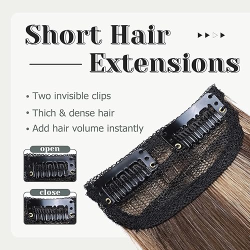 Miniatura 3 de S-noilite Extensiones de cabello humano corto con broches, 1 unidad, 6 pulgadas, extensiones de cabello grueso con volumen extra, color marrón medio