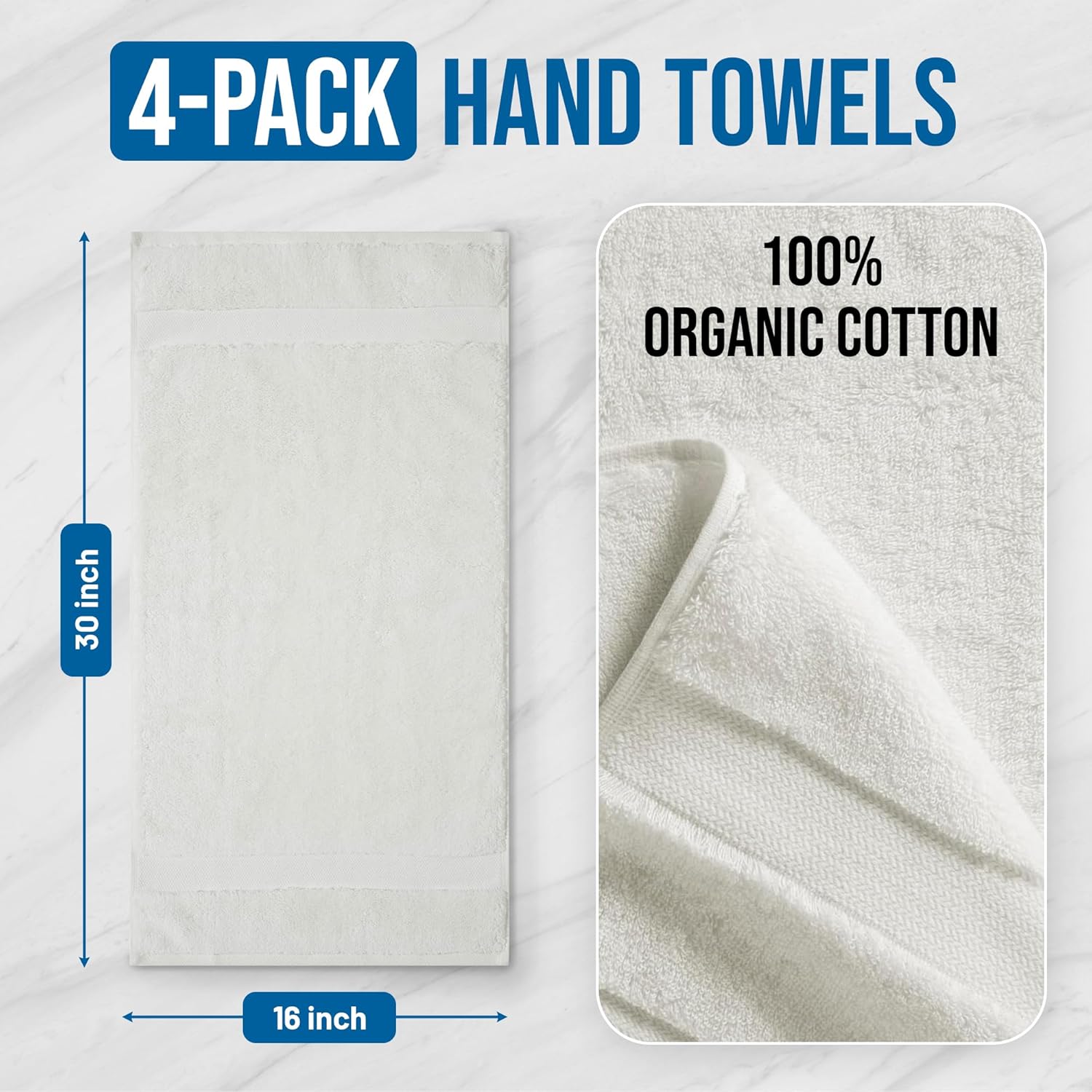 Organic Cotton Luxury Long Staple Cotton Plush Hand Towels Pack of 4 GOTS & Oeko- TEX Certified | Premium Soft, Absorbent & Quick-Drying Face Towels, Gym, Spa & Hotel Use – Ivory