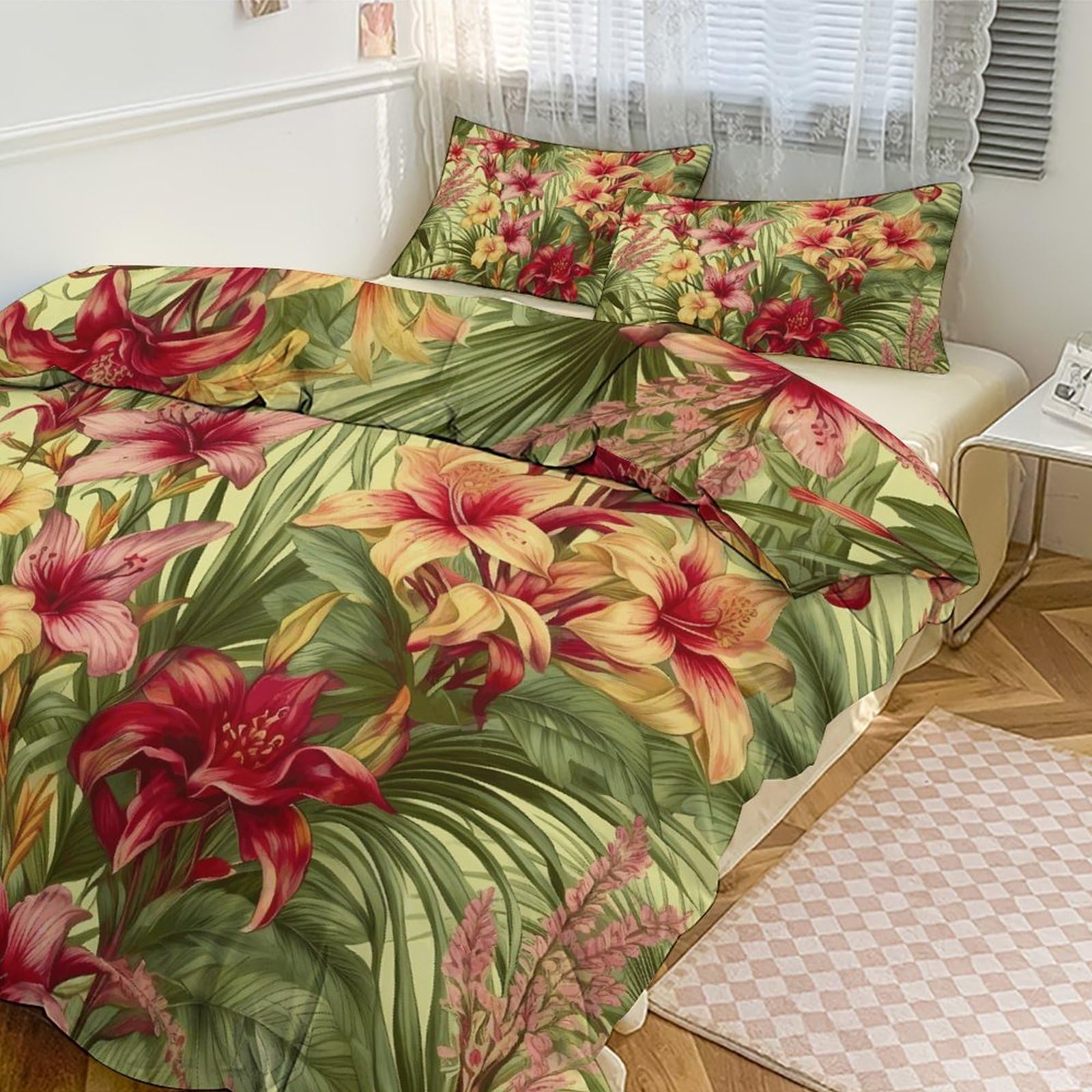 Set di biancheria da letto 3 pezzi, ultra morbido, con motivo floreale di palme tropicali + 2 federe, leggero copripiumino double-face per casa/hotel/regali, 228,6 x 228,6 cm