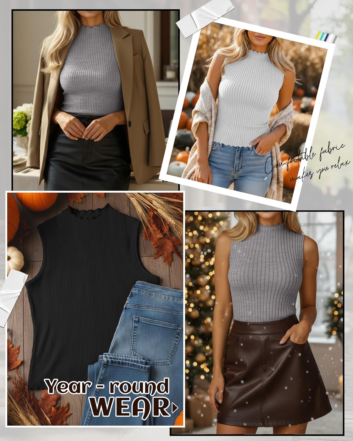 Riyiper 3 Pack Women's Sleeveless Mock Turtlenecks Shirts Lettuce Trim Ribbed Knit Slim Summer Casual Tank Tops Basic Tees - Image 3