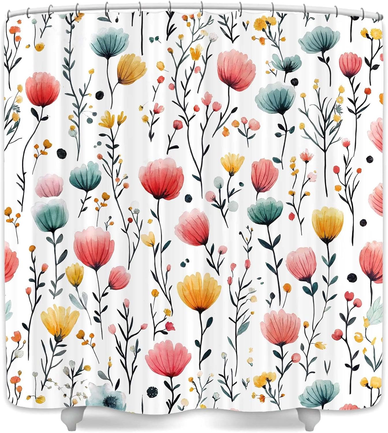 Watercolor Floral Shower Curtain White Red Blue Colorful Wildflower Aesthetics Bath Curtain,Waterproof Washable Fabric with 12 Hooks,Rural & Minimalist Style Bathroom Decoration 72X84IN