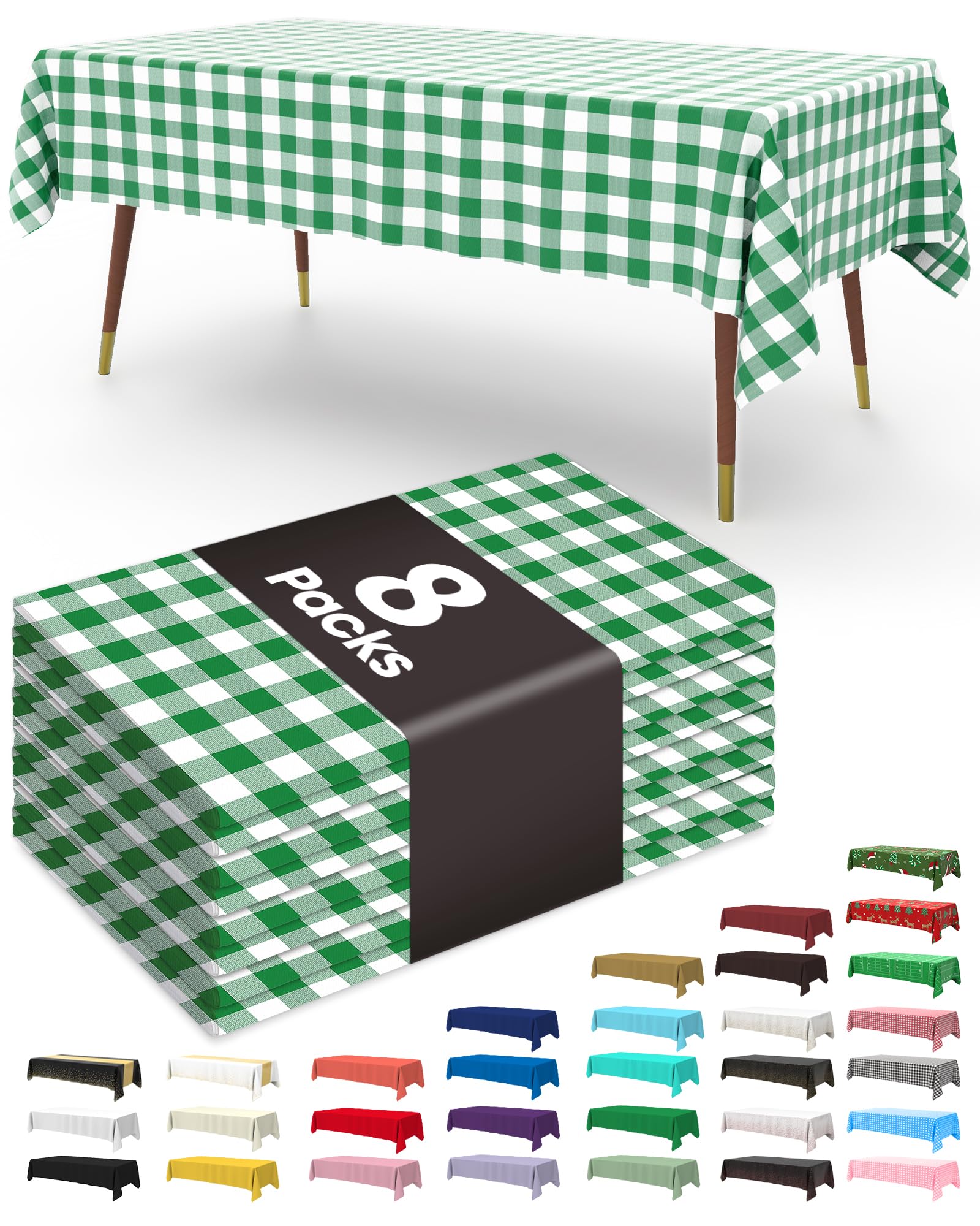 Pureegg Plastic Table Cloth Disposable 8 Pack, 54 x 108 Inch Table Cloths, Easter Party, Picnic, Wedding, Decorative Tablecloths, Rectangle, Baby Blue Plastic Cover, Leakproof &amp; Sturdy, Green Plaid