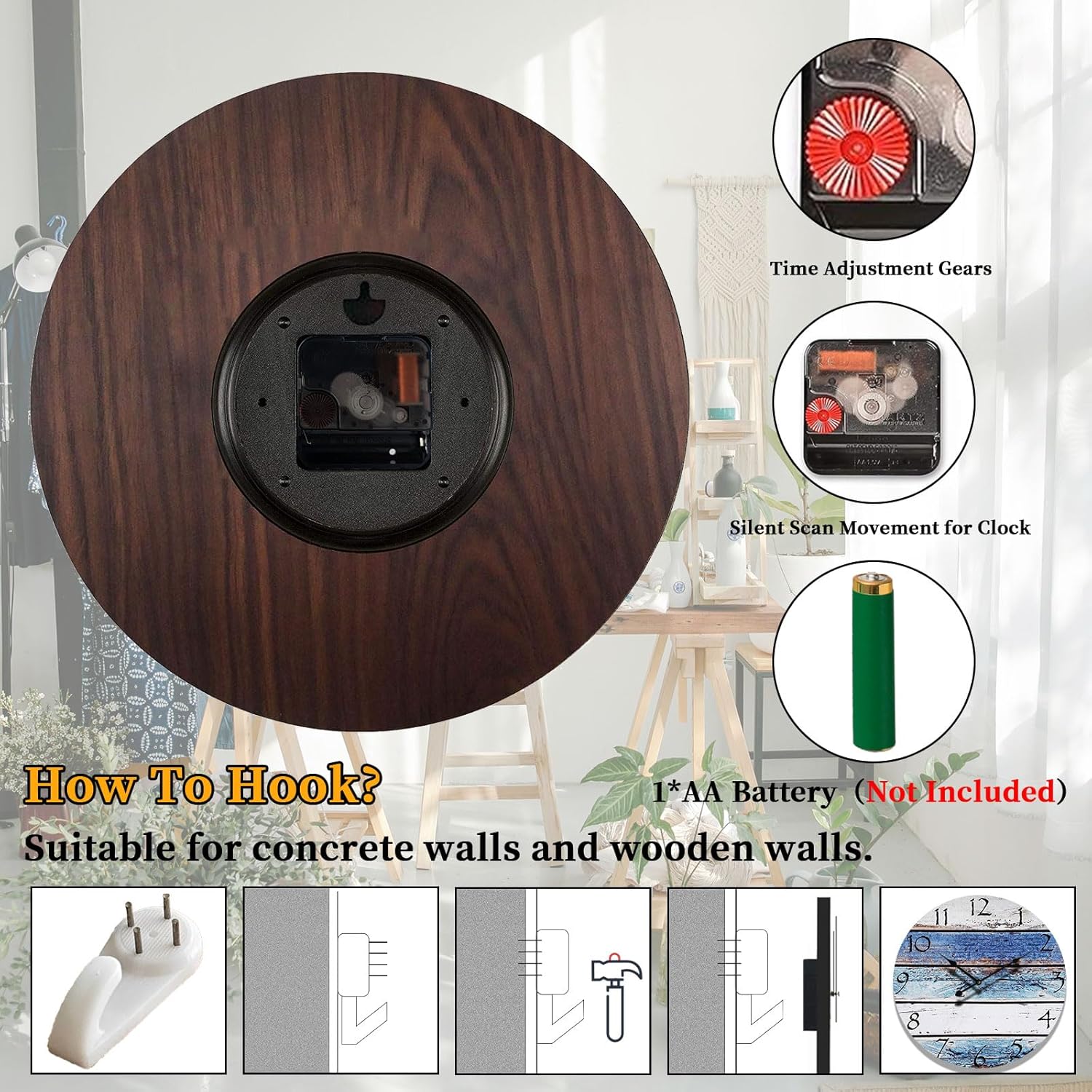 24 Inch Silent Coastal Wall Clock Battery Operated for Living Room Kitchen,Non-Ticking Large Blue Clock for Bedroom,Nautical Beach Wall Clock for Dining Room Bathroom Home School Office Kids Room