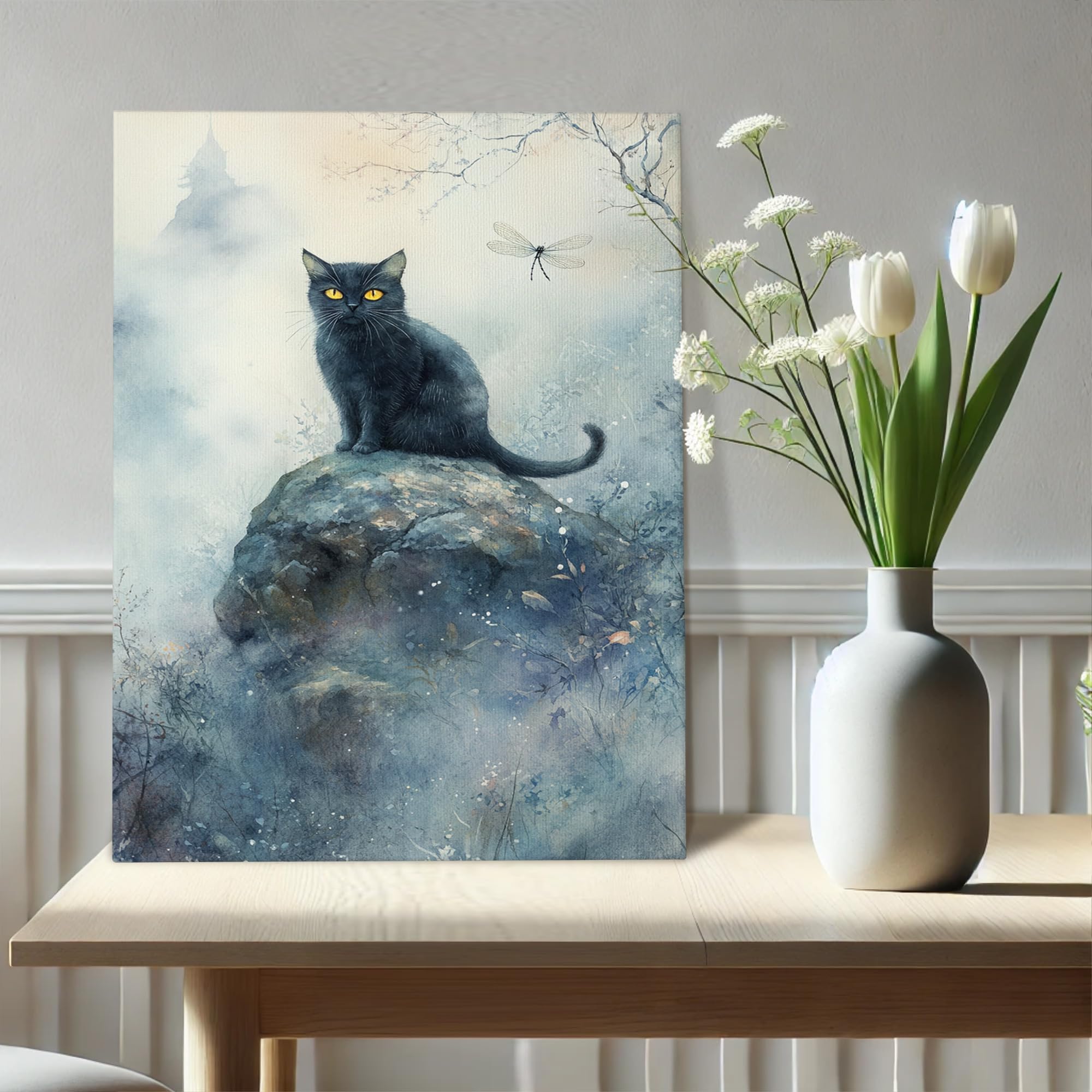 Stampa artistica di una ragazza e il suo gatto, cielo color lavanda, luna piena e stelle, opera d'arte originale, 8x10 - Italia