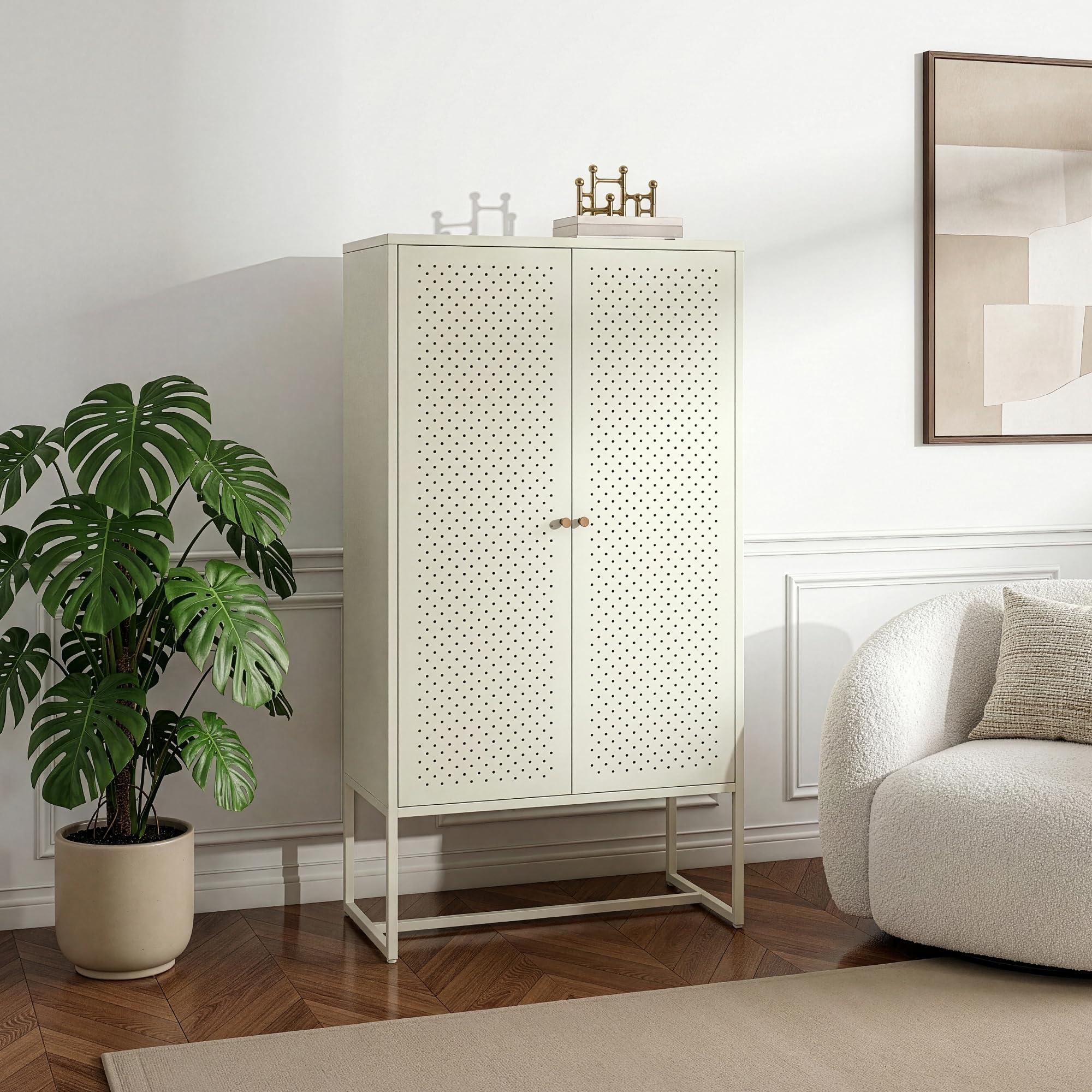 [en.casa] Wohnzimmerschrank Viitasaari Highboard mit 2 Türen Metallschrank aus Stahl 3 Fächer Büroschrank 150 x 80 x 40 cm Aufbewahrungsschrank Cremeweiß
