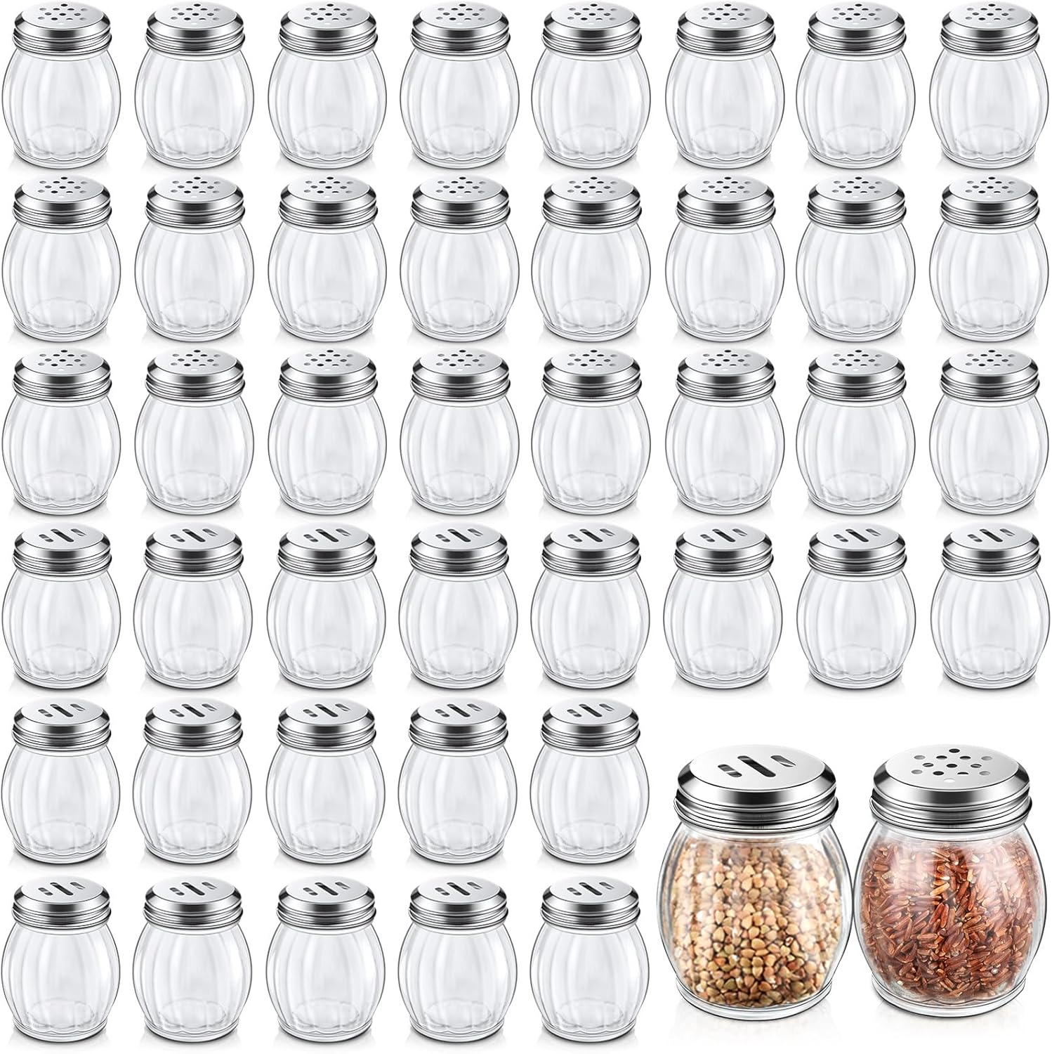 Hotop 48 Pcs Glass Spices Shaker with Perforated Top Cheese Shaker with Slotted Stainless Steel Lid Retro Swirl Style Jar Dispensers for Pepper Sugar Spice Home Kitchen Restaurant, 6 oz