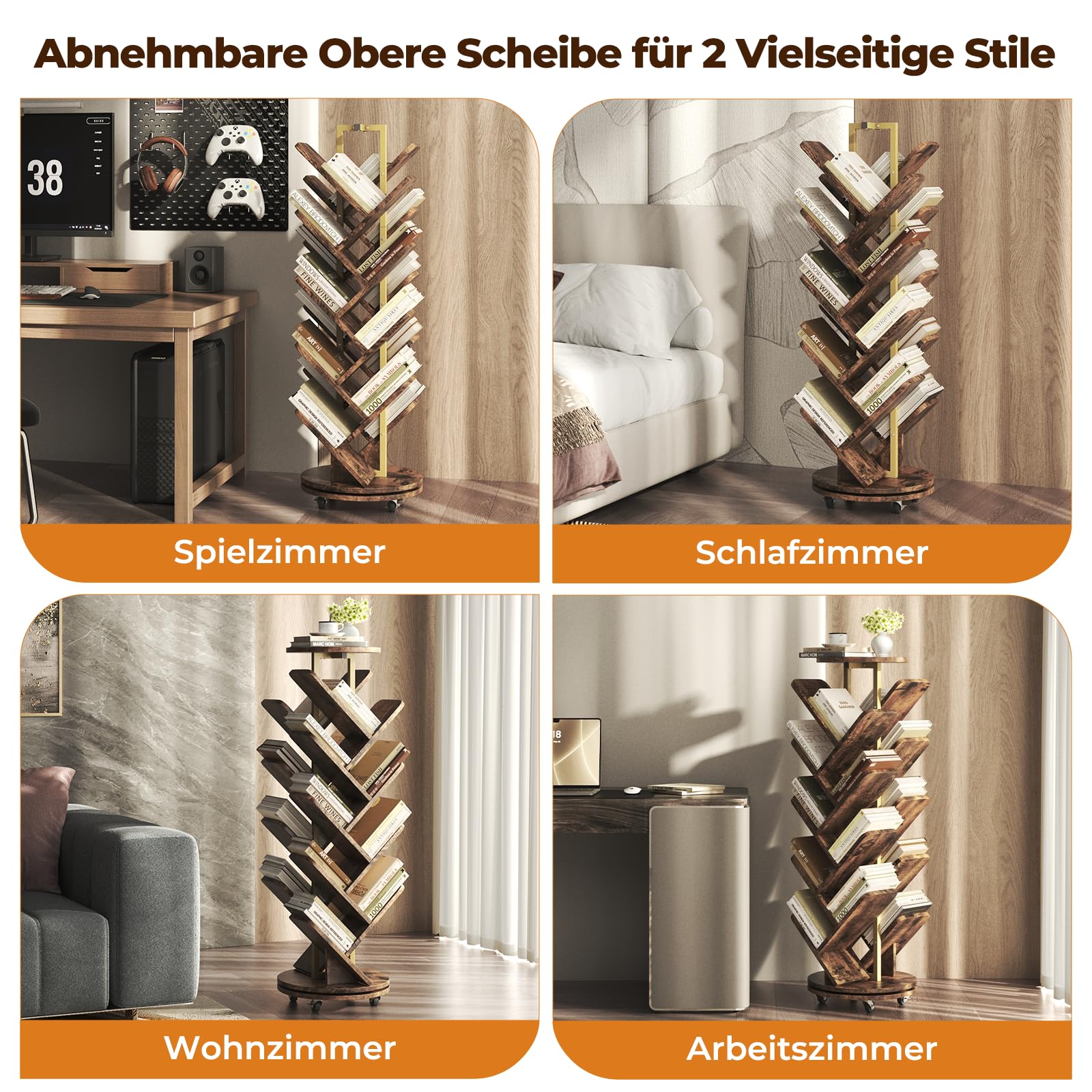 HOMRELEXA 360° Drehbares Bücherregal Baumform, Bücherregal Drehbar Standregal Multifunktionales 17 Ebenen, Beweglich und Feststellbar, für Wohnzimmer Büro Schlafzimmer, 40x40x127cm, Braun