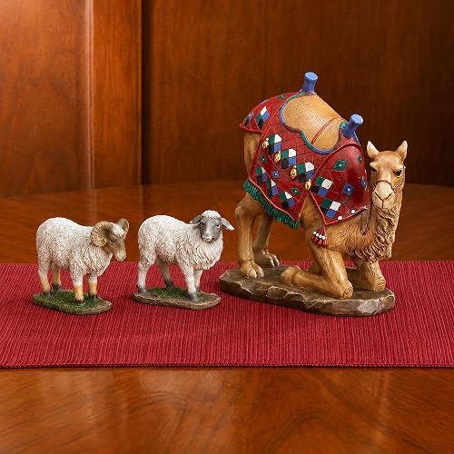 Three Kings Gifts Kneeling Camel, Two Awassi Sheep, Polystone Flat Bottom Base for Stability, Home Decorating Christmas Nativity Scene Sets & Figures, 3-Pieces, for The 14 inch Scale Collection