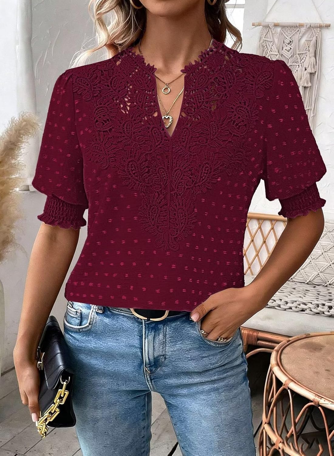 Womens Summer Tops Boho Short Sleeve Shirts V Neck Casual Chiffon Blouses Flowy Lace Hem Spring Clothing Trendy 2025 - Image 2