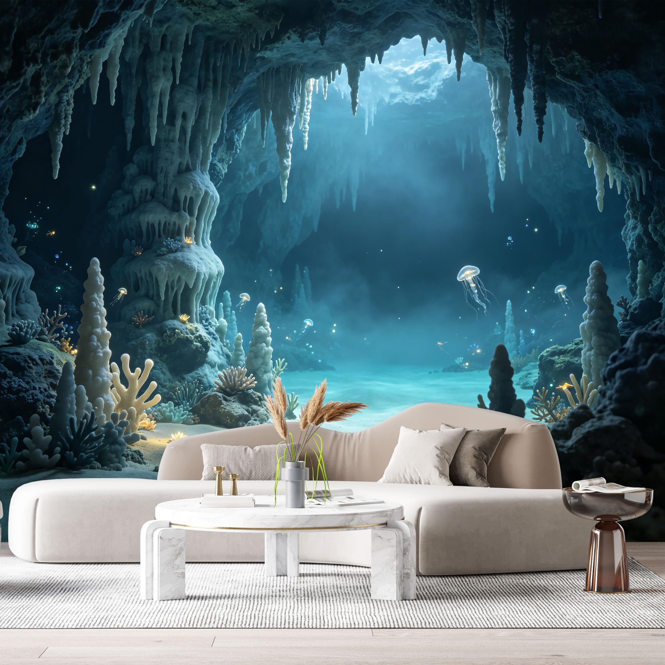 Custom Size Wall Murals Underwater Cave Marine Ocean 3D Trompe L'Oeil Bioluminescent Jellyfish SelfAdhesiveWall Fabric Removable Wallpaper Wall Decor for Living Room Bedroom Bathroom
