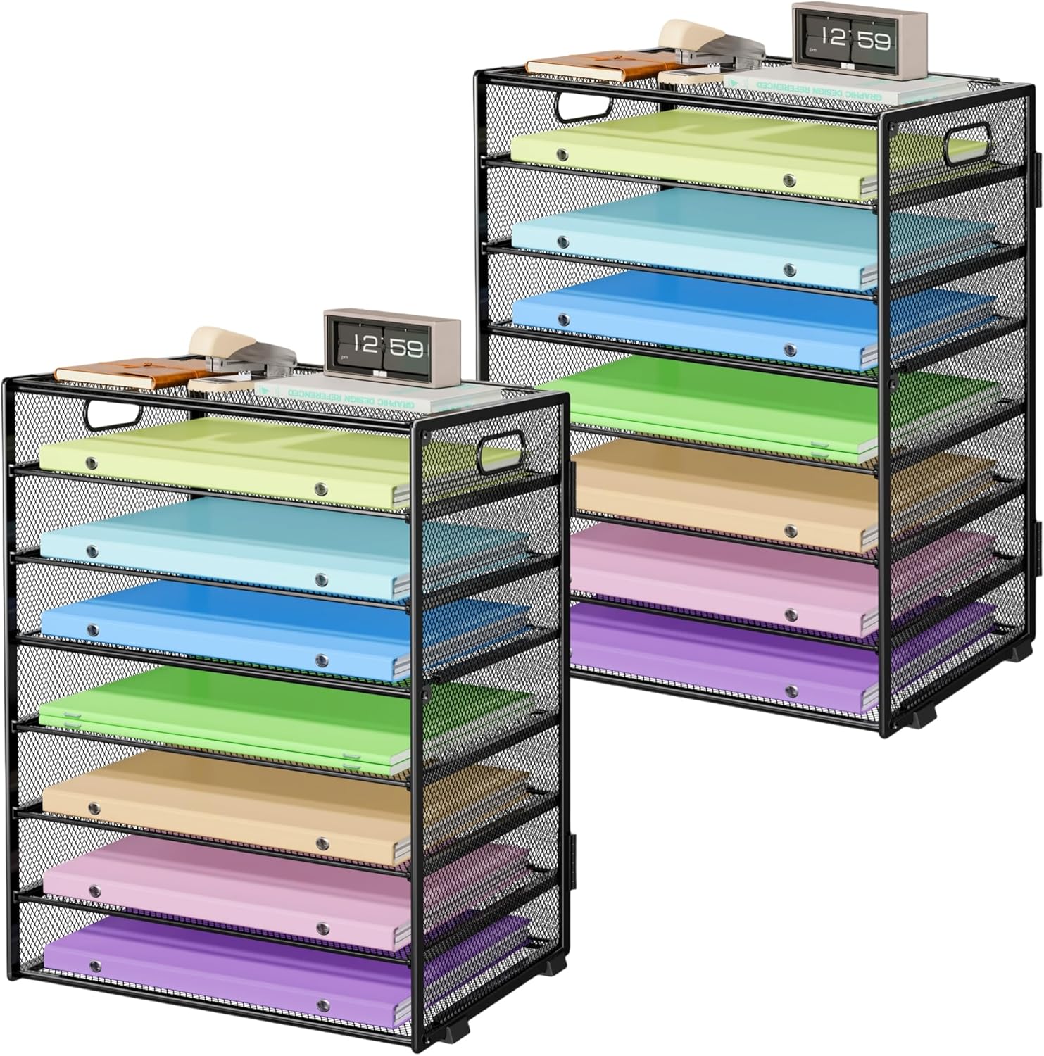 2 Pack 8 Tier Paper Organizer with Handle, Metal Mesh Desk File Organizer, Large Capacity Desk Organizers Paper Letter Tray Desktop Document Sorter for Office, Home or School - Black Black-2pack