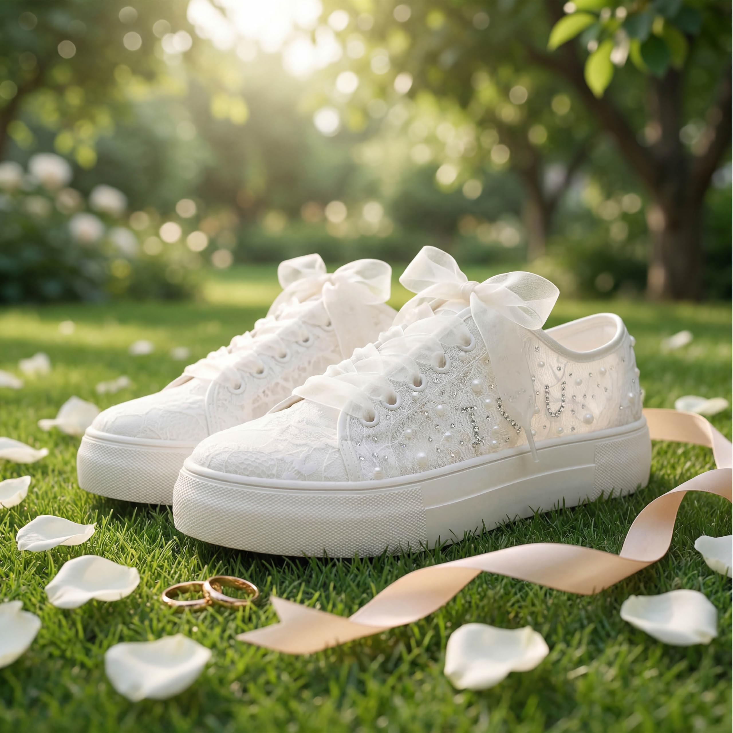 Elivandon 9996 Scarpe da Sposa Pizzo Sneakers da Sposa 3,7cm Piattaforma Sposa Scarpe da Tennis Sparkling Strass Sneakers da Sposa