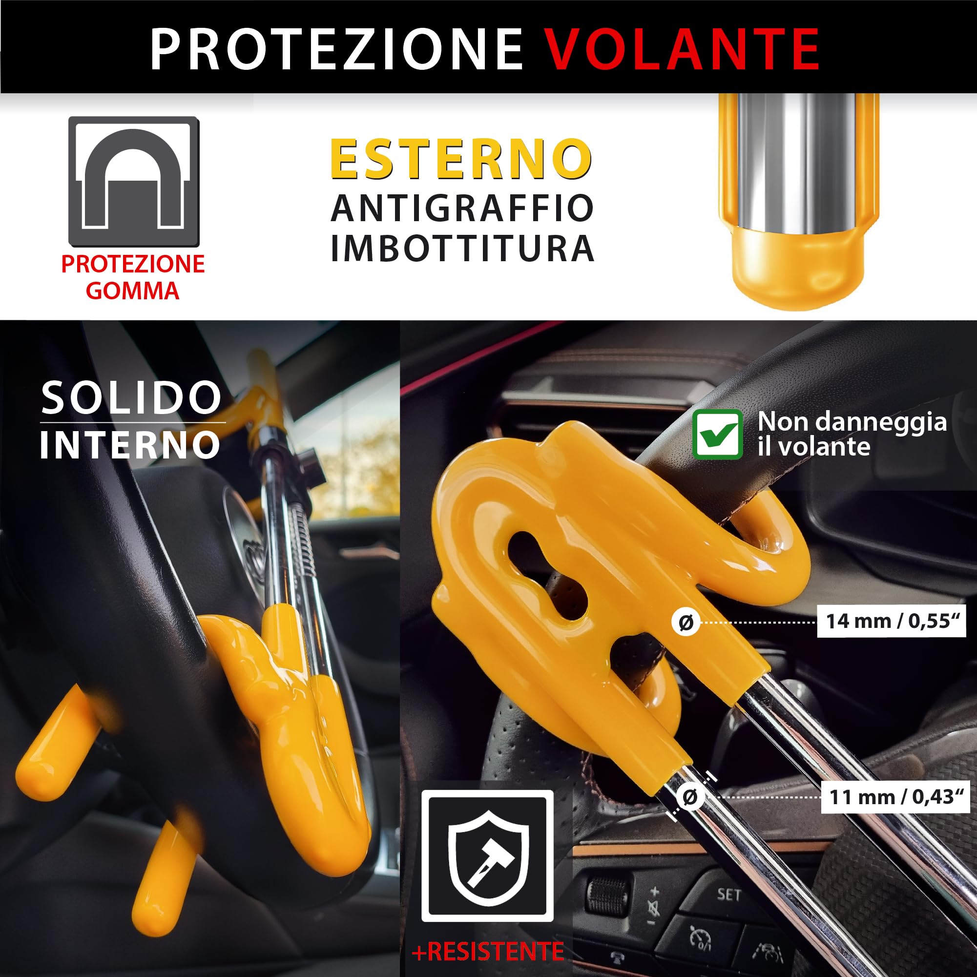KRASER KR842Y Antifurto Auto Blocca Sterzo Alta Sicurezza, Doppio Gancio Regolabile, Piu Sicuro e Deterrente, Blocco Volante Protezione Antigraffio, Bloccasterzo Universale Automobile Camper Fourgone