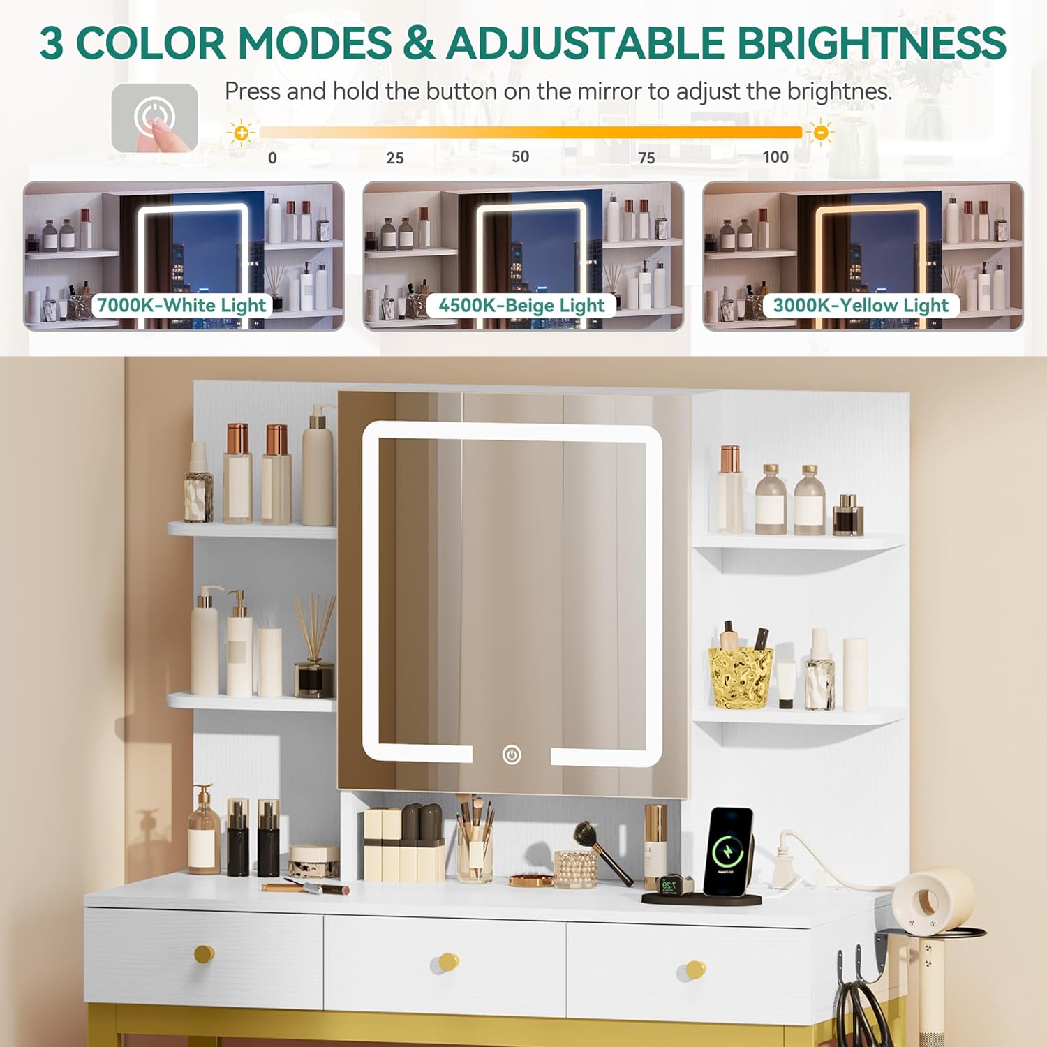 YITAHOME Makeup Vanity Desk Set with Mirror and Lights & Power Outlets, Makeup Table with 3 Adjustable Lighting Modes, Vanity Set with Open Shelves and Hidden Storage, Stool for Bedroom, White