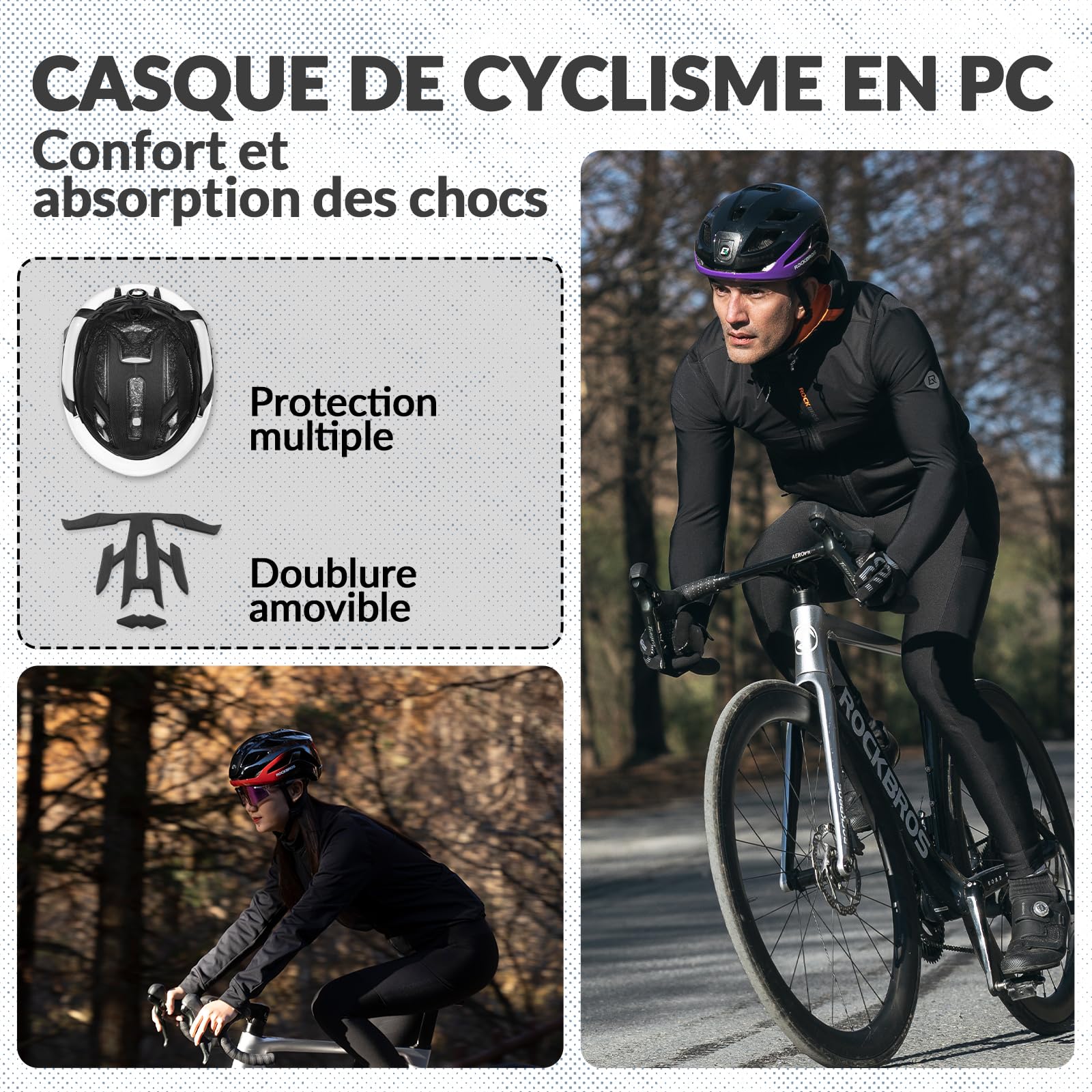 ROCKBROS Casque Luminieux LED Rechargable, Casque de Vélo Réglable 57-61 cm avec Lumière, Casque d’éclairage de Cyclisme Léger Respirant pour Homme Femme