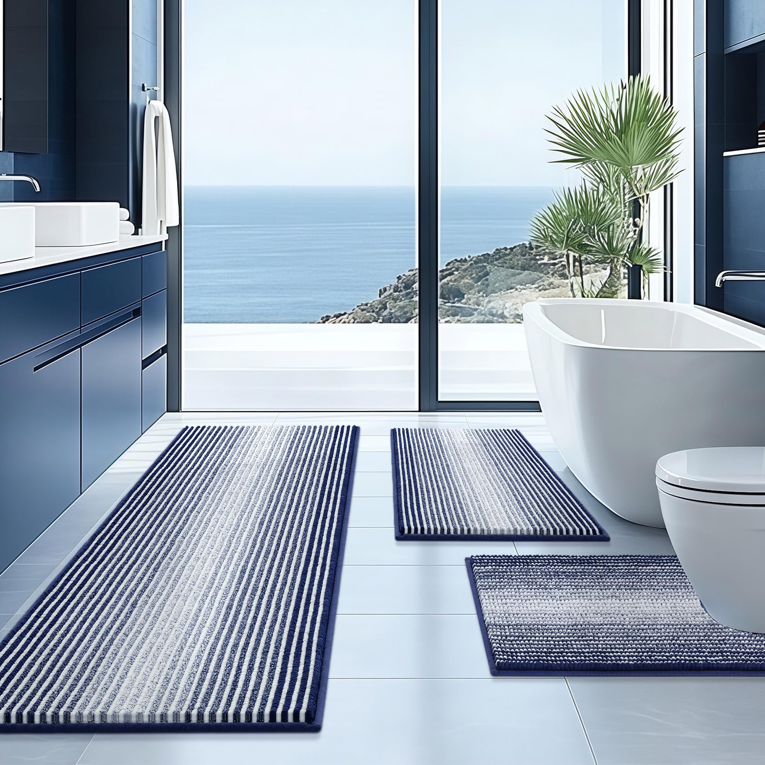 BSICPRO Bathroom Rugs Sets 3 Piece, Toilet Rugs U-Shaped Contour Bath Mat Set, Long Striped Absorbent Non Slip Chenille Shower Mat, Navy Blue