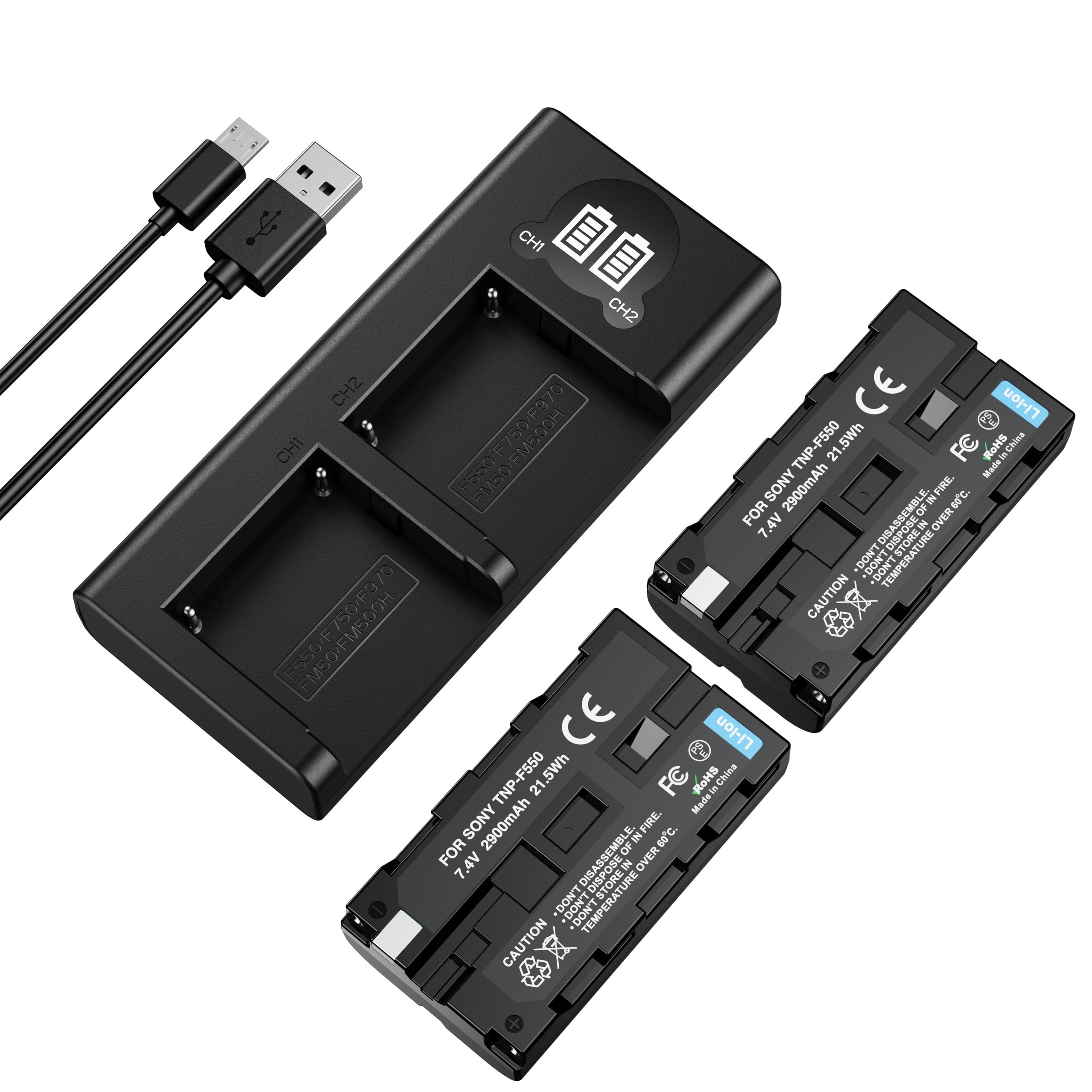 Pack de 2 Batteries de Remplacement NP-F550 de 2900mAh avec Chargeur LCD Double USB-C Appareils pour Sony NP-F970/F960/F770/F750/F570/F550/F530/F330 et CCD-SC55/TR910/TR818