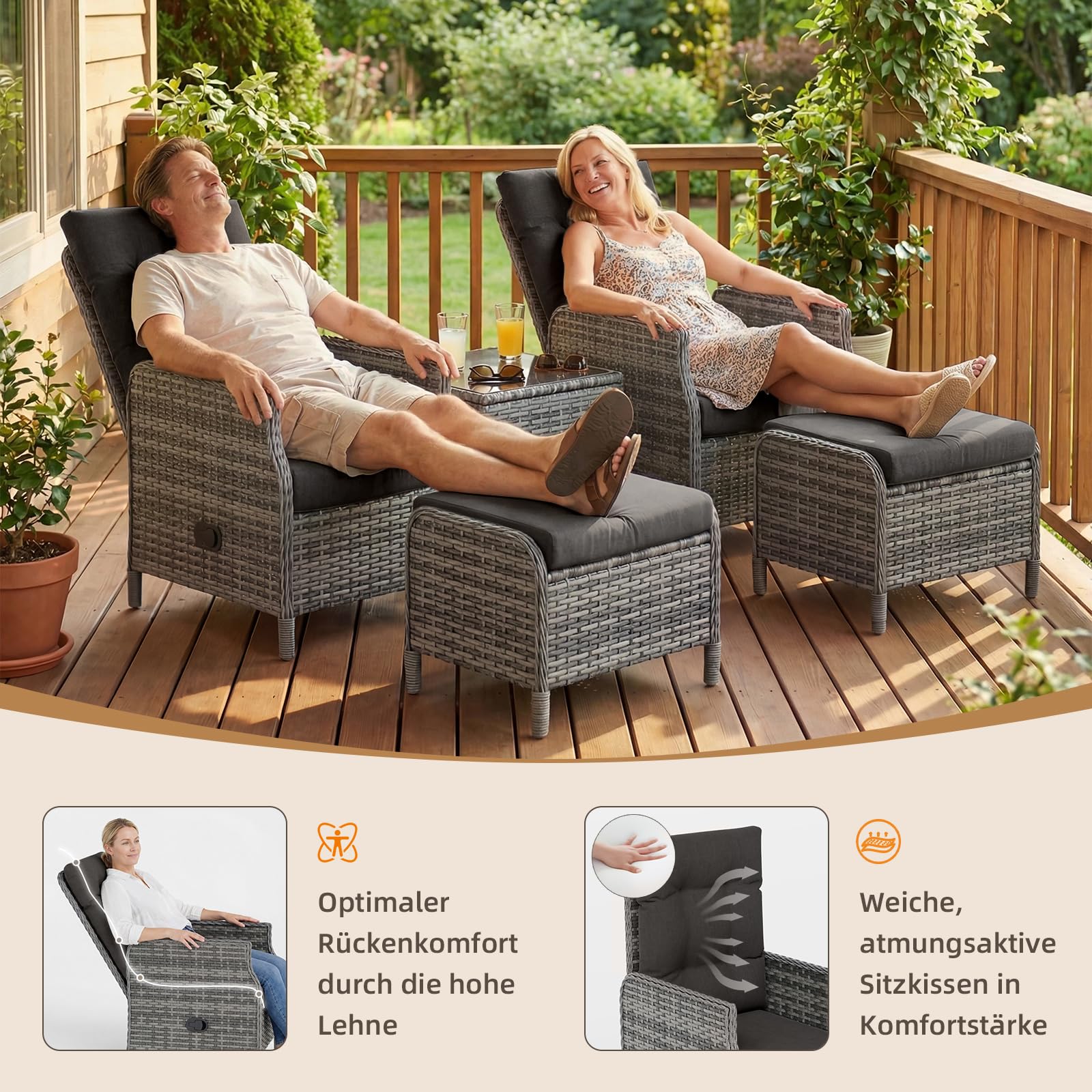 UDPATIO Rattan Gartenmöbel Set 5-teilig mit Verstellbaren Sessel, Fußhocker und Couchtisch | Lounge Möbel Outdoor Set | Balkonmöbel Kleiner Balkon | Wetterfest Terrassenmöbel | Schwarz